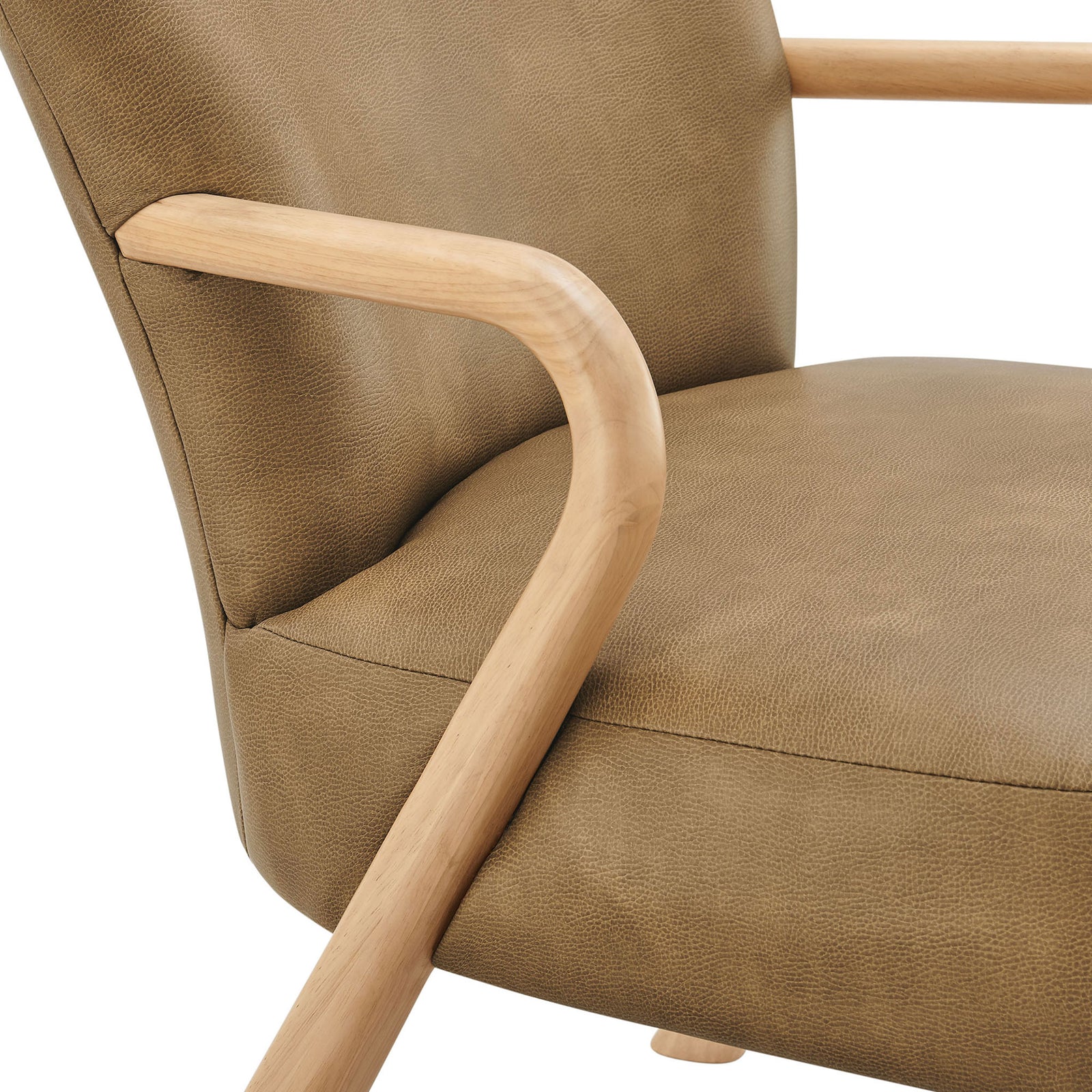 Rounded wood arm meets tailored vegan leather seat with neat stitching || EEI-7529-TST || detail_studio