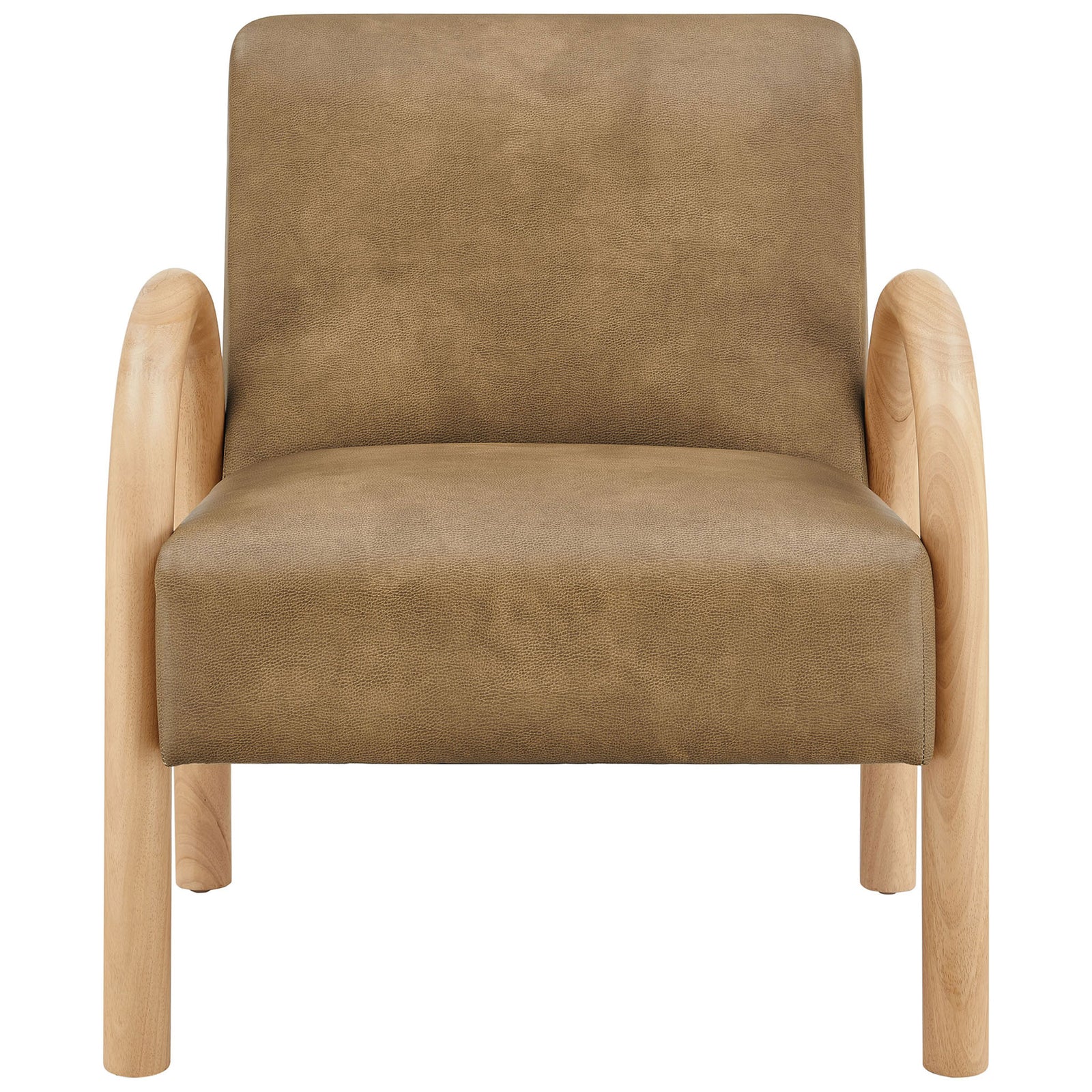 Curved wood arms frame a plush toast faux leather seat for sculptural, cozy style. || EEI-7530-TST || front_studio