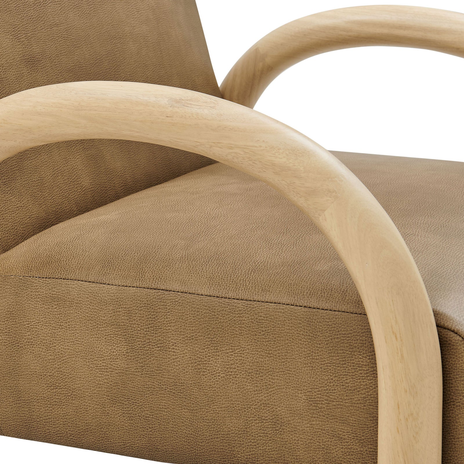 Sculpted solid wood armrest with smooth grain meets soft, textured faux leather upholstery. || EEI-7530-TST || detail_studio