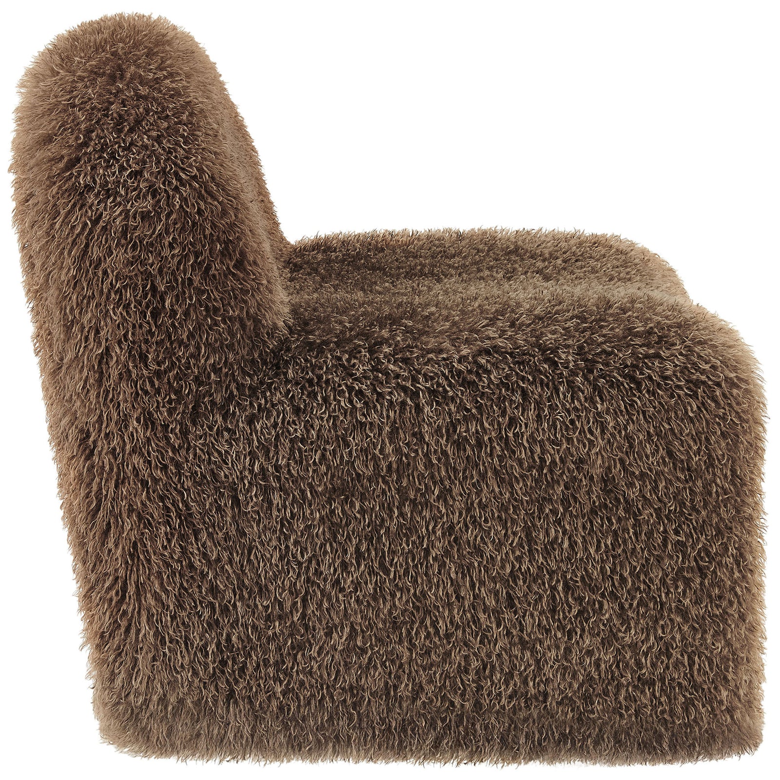 Armless profile showcases the curved silhouette and thick cushioning wrapped in shaggy faux fur || EEI-7534-BRN || side_studio