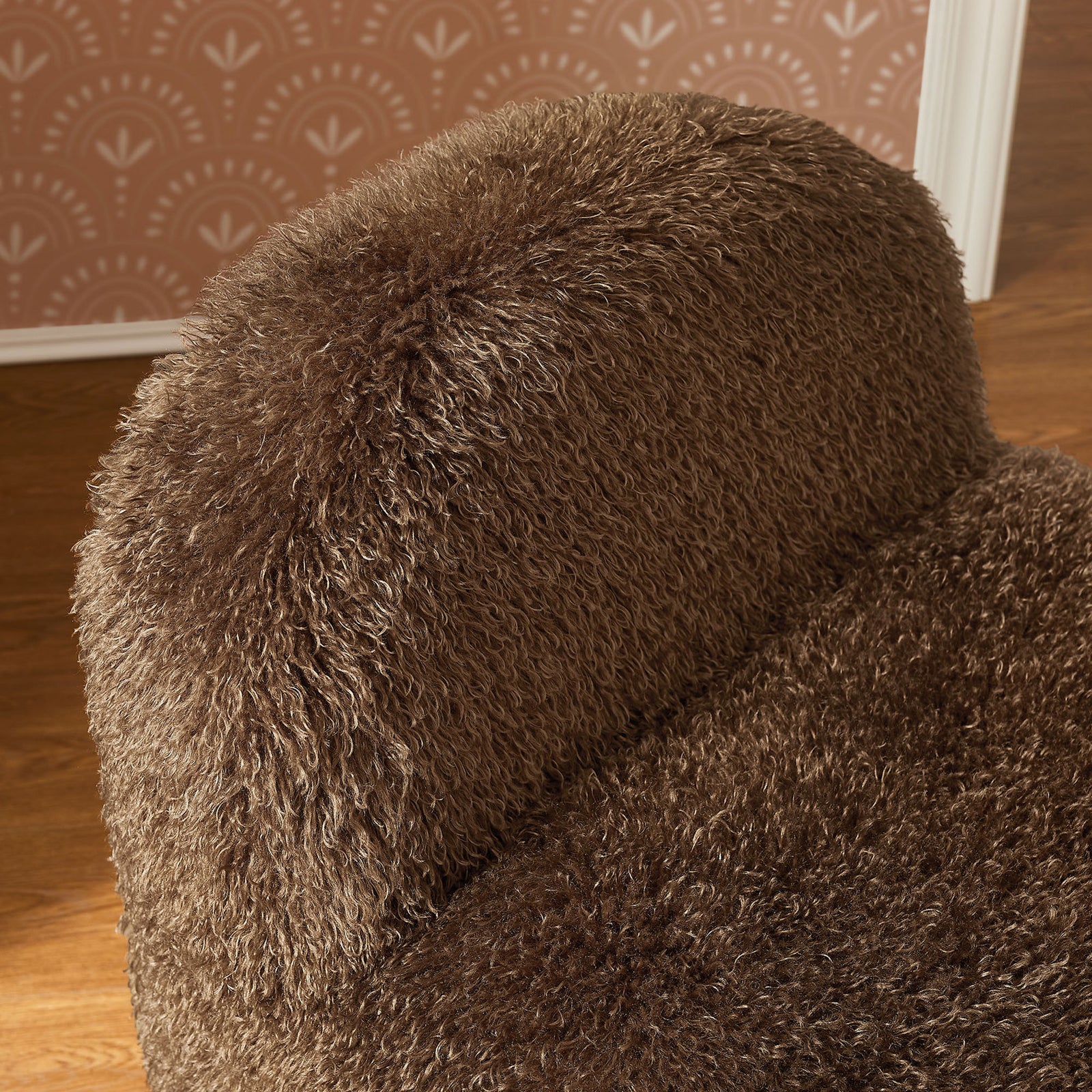 Curved backrest padded and wrapped in thick faux fur for cushy, supportive comfort || EEI-7534-BRN || detail_room