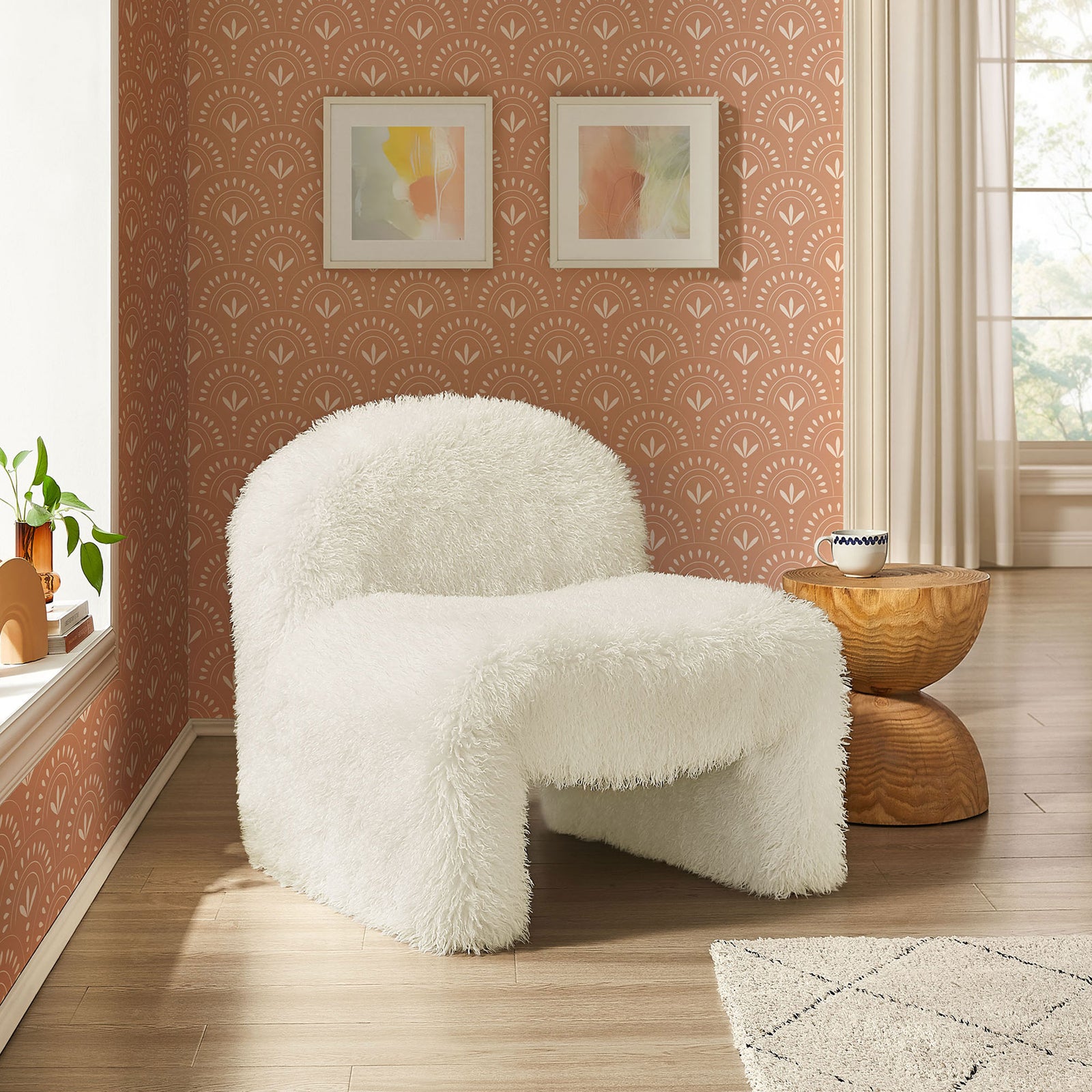 Statement-making faux fur chair anchors the room with soft, modern comfort. || EEI-7534-WHI || front_angle_room