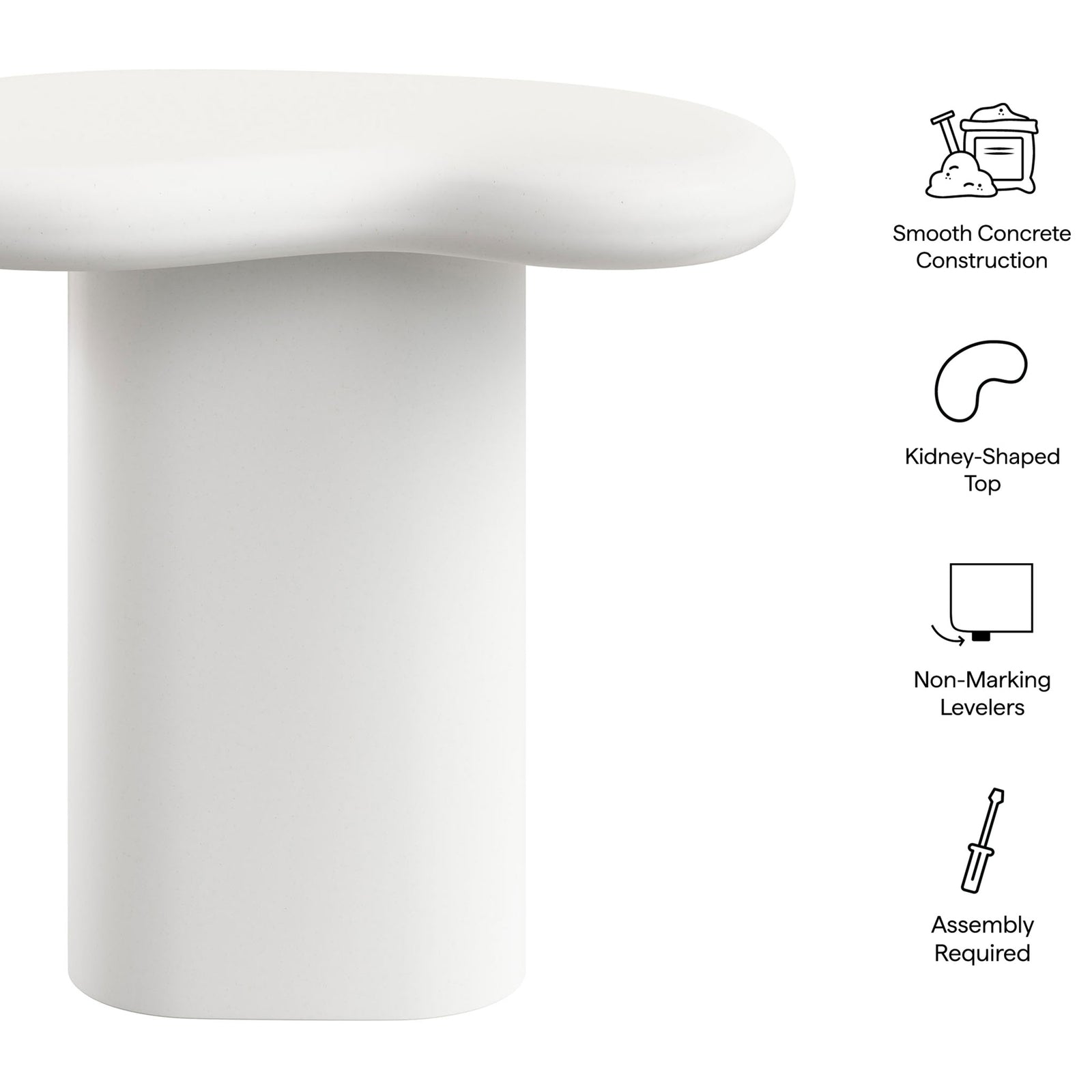 Feature graphic highlighting the smooth concrete construction, kidney-shaped top, levelers, and simple assembly || EEI-7535-WHI || callout_studio