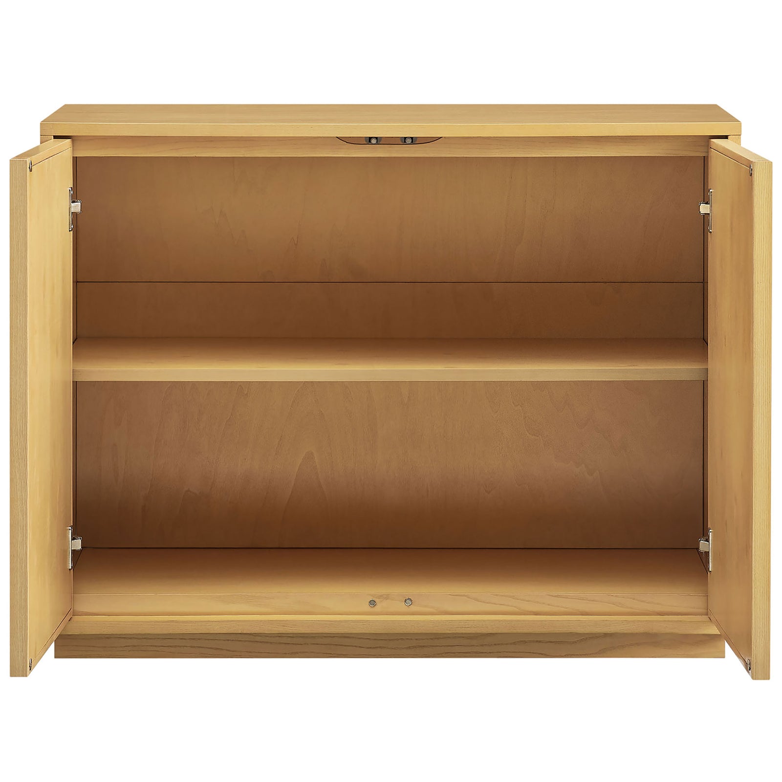 Interior shelves of the Japandi cabinet provide generous storage for dinnerware, books, and decor || EEI-7558-LOA || front_open_studio