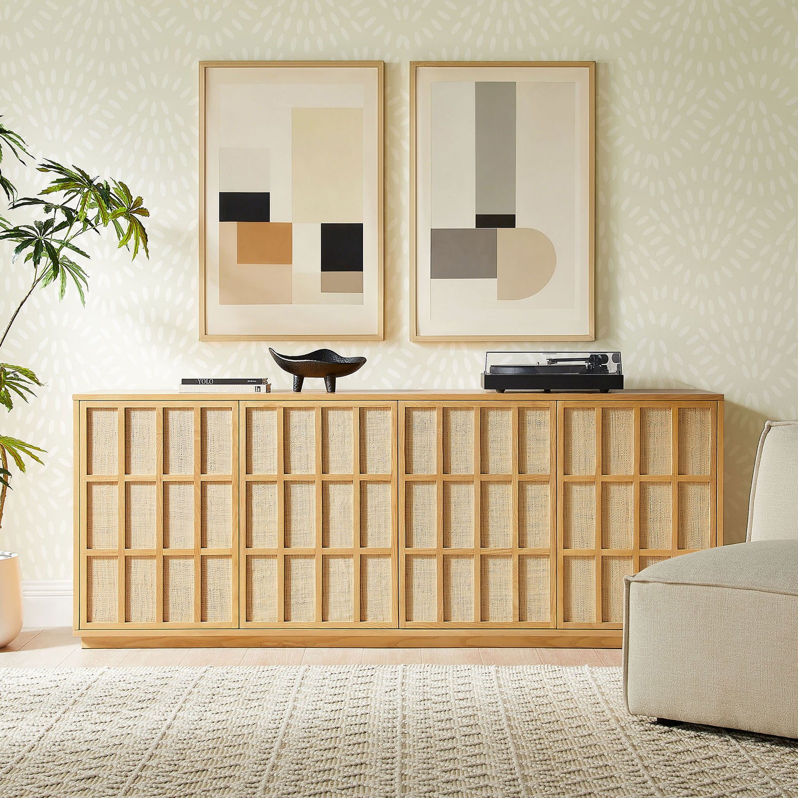 Japandi sideboard in light oak bringing warm texture and hidden storage to a softly styled living space || EEI-7559-LOA || front_room