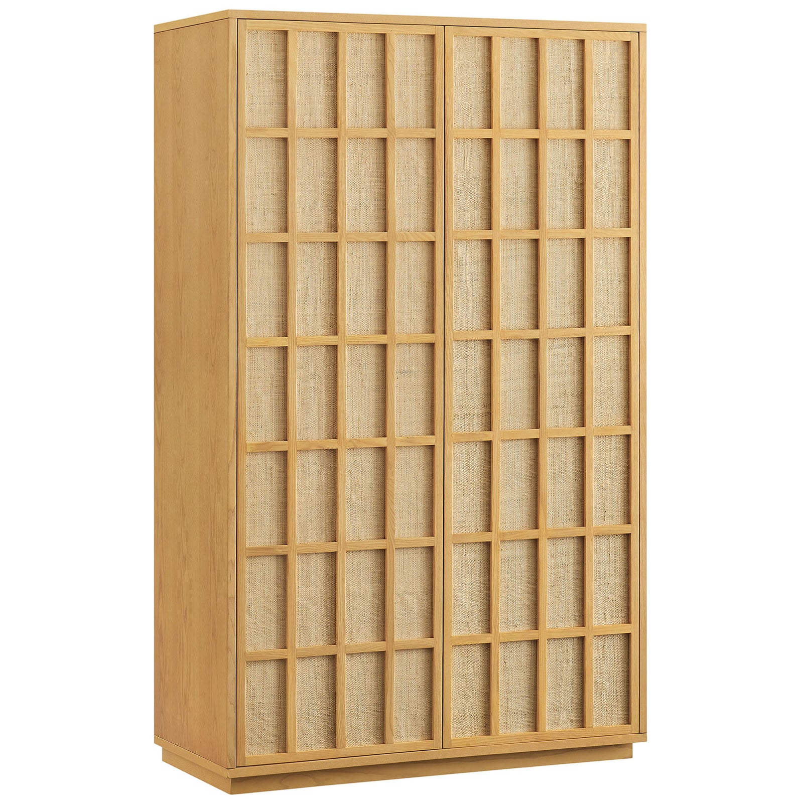Tall light oak Japandi storage cabinet with woven grid doors and streamlined plinth base || EEI-7560-LOA || front_angle_studio