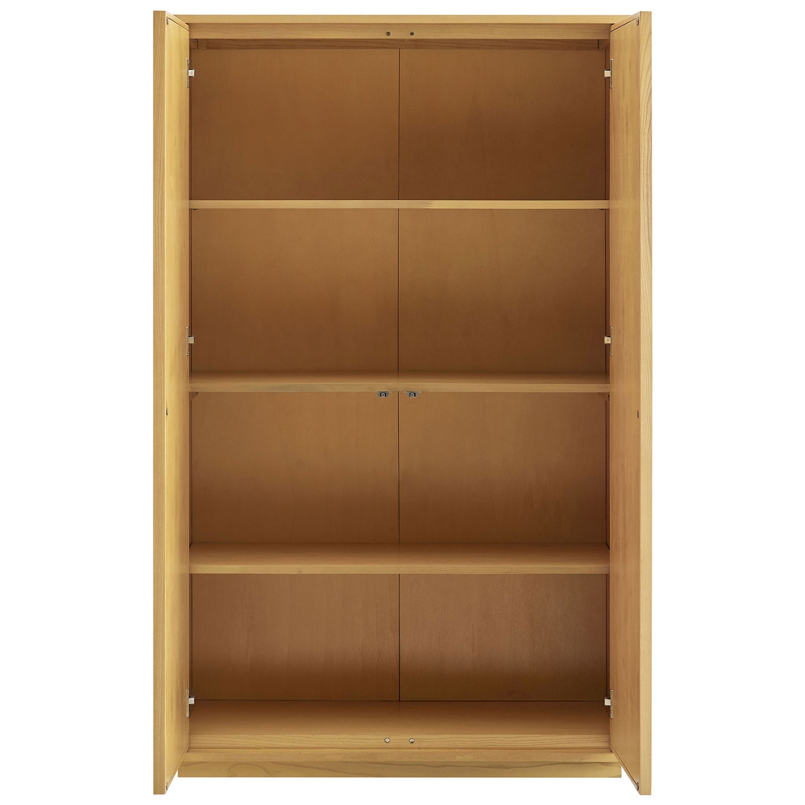 Spacious interior shelves of the tall cabinet organize dishes, linens, and everyday essentials || EEI-7560-LOA || front_open_studio