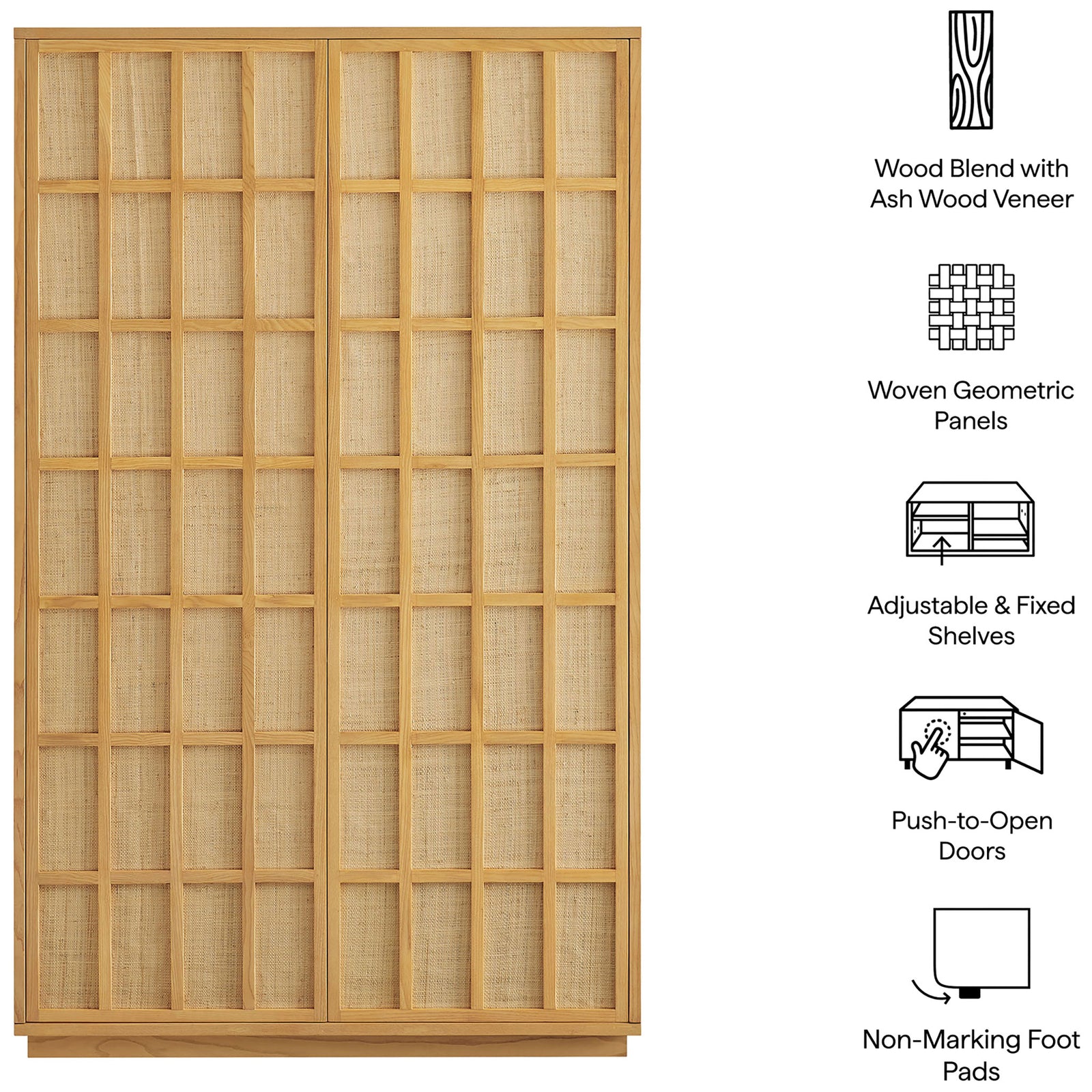 Feature graphic for the tall Aiko cabinet calls out wood veneer, woven doors, shelves, and push-to-open doors || EEI-7560-LOA || callout_studio