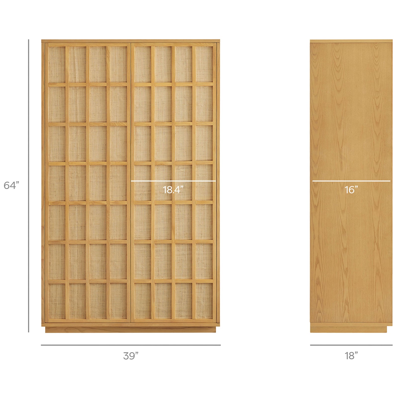 Dimension graphic for the Aiko 64 inch Japandi storage cabinet with labeled height, width, and depth || EEI-7560-LOA || dimension_studio