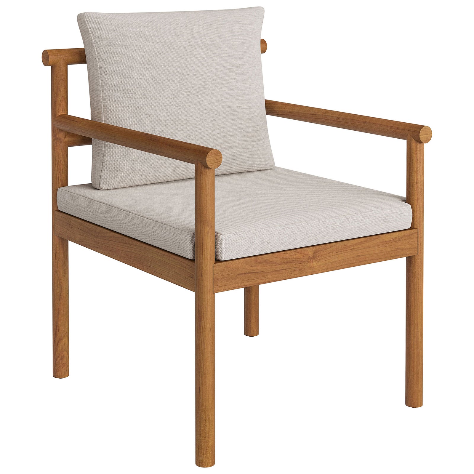 Modern teak patio dining chair with slim arms and boxy neutral cushions for casual outdoor meals. || EEI-7561-NAT-SAI || front_angle_studio