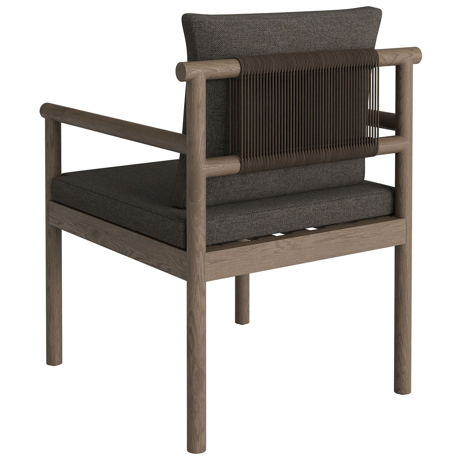 Back view of gray dining chair featuring tightly woven dark rope and open slatted seat. || EEI-7561-WGR-FLI || back_angle_studio