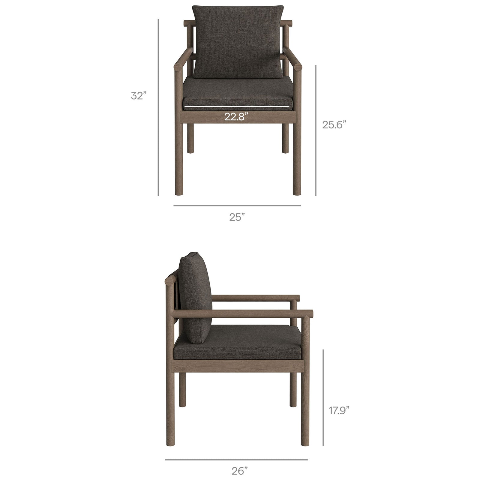 Gray outdoor dining chair with on-image measurements showing overall and seat dimensions. || EEI-7561-WGR-FLI || dimension_studio