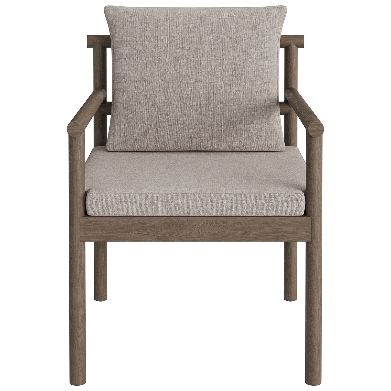Weathered gray teak dining chair with soft pebble-colored seat and back cushions. || EEI-7561-WGR-PEB || front_studio