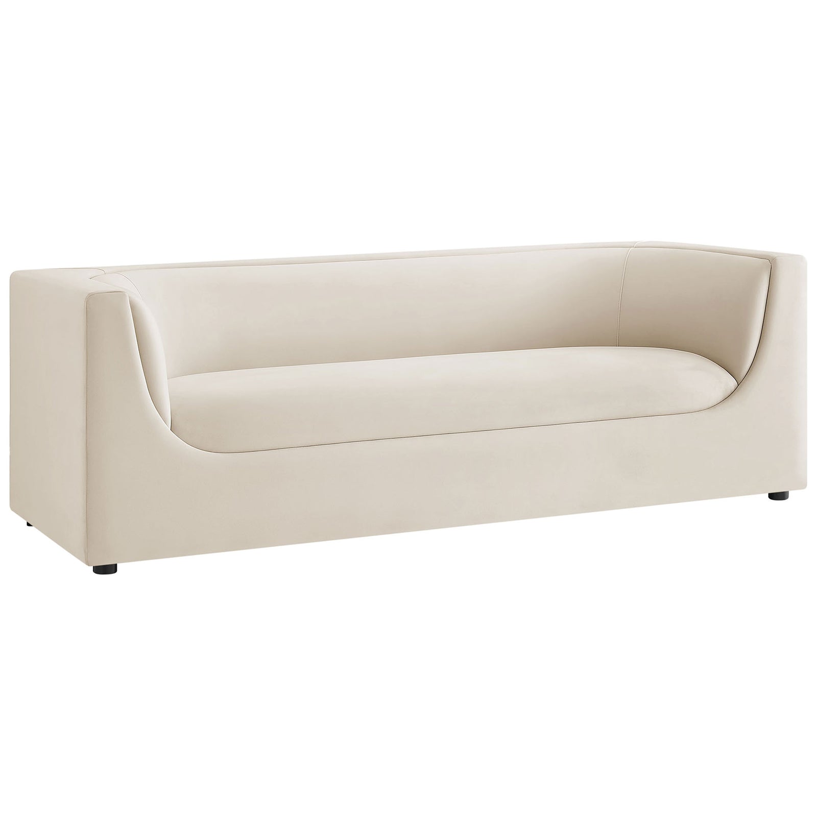 Low profile alabaster sofa features continuous wraparound arms and plush performance velvet upholstery. || EEI-7564-ALA || front_angle_studio