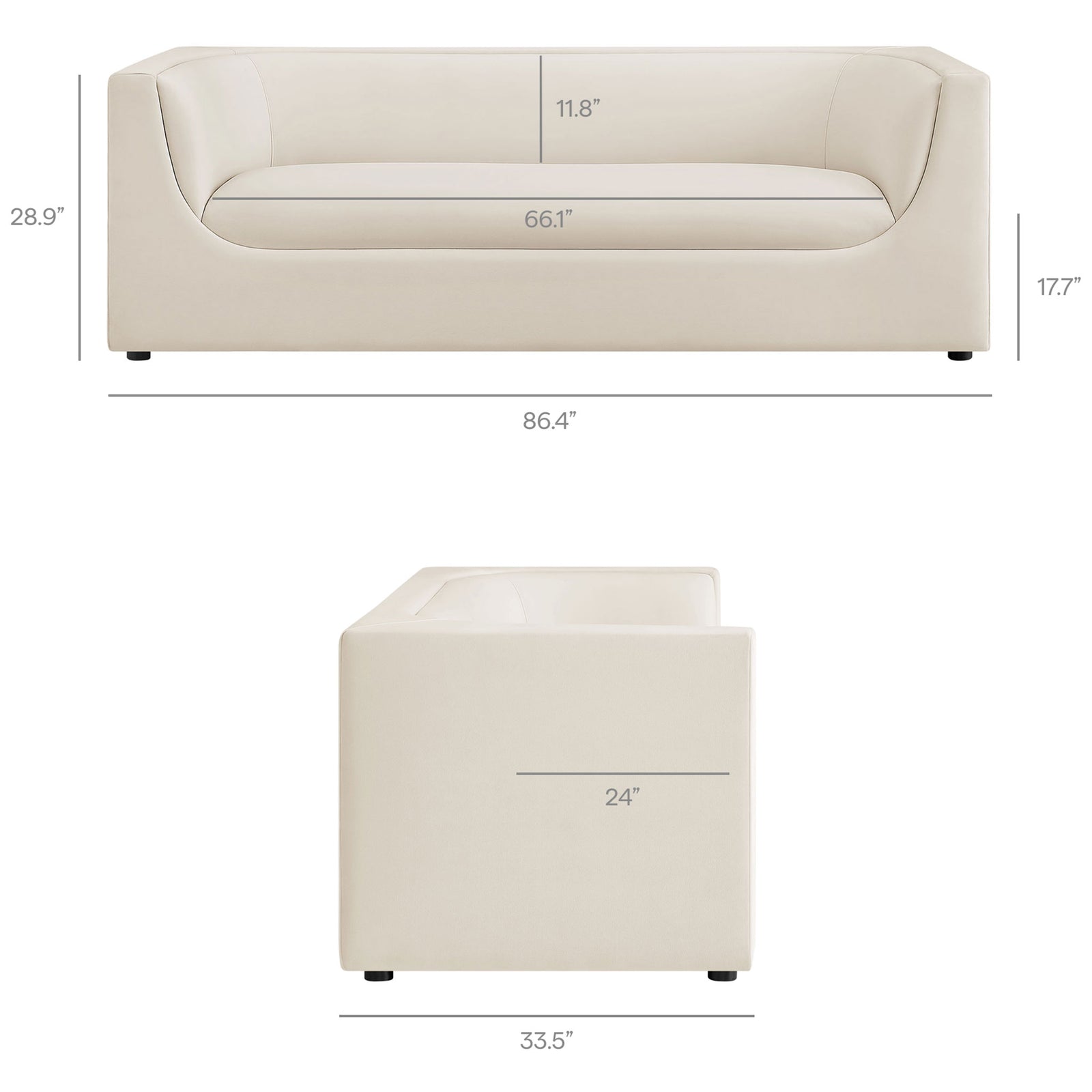 Dimension diagram displays the sofa's overall width, depth, height, and generous seating area. || EEI-7564-ALA || dimension_studio