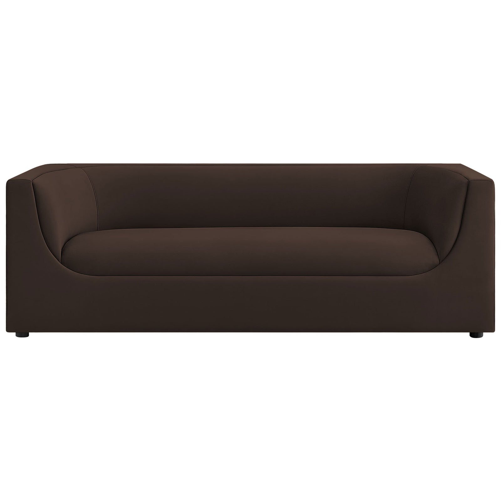 Chocolate brown Hilda velvet sofa with curved back, deep bench seat, and low modern silhouette. || EEI-7564-CHB || front_studio
