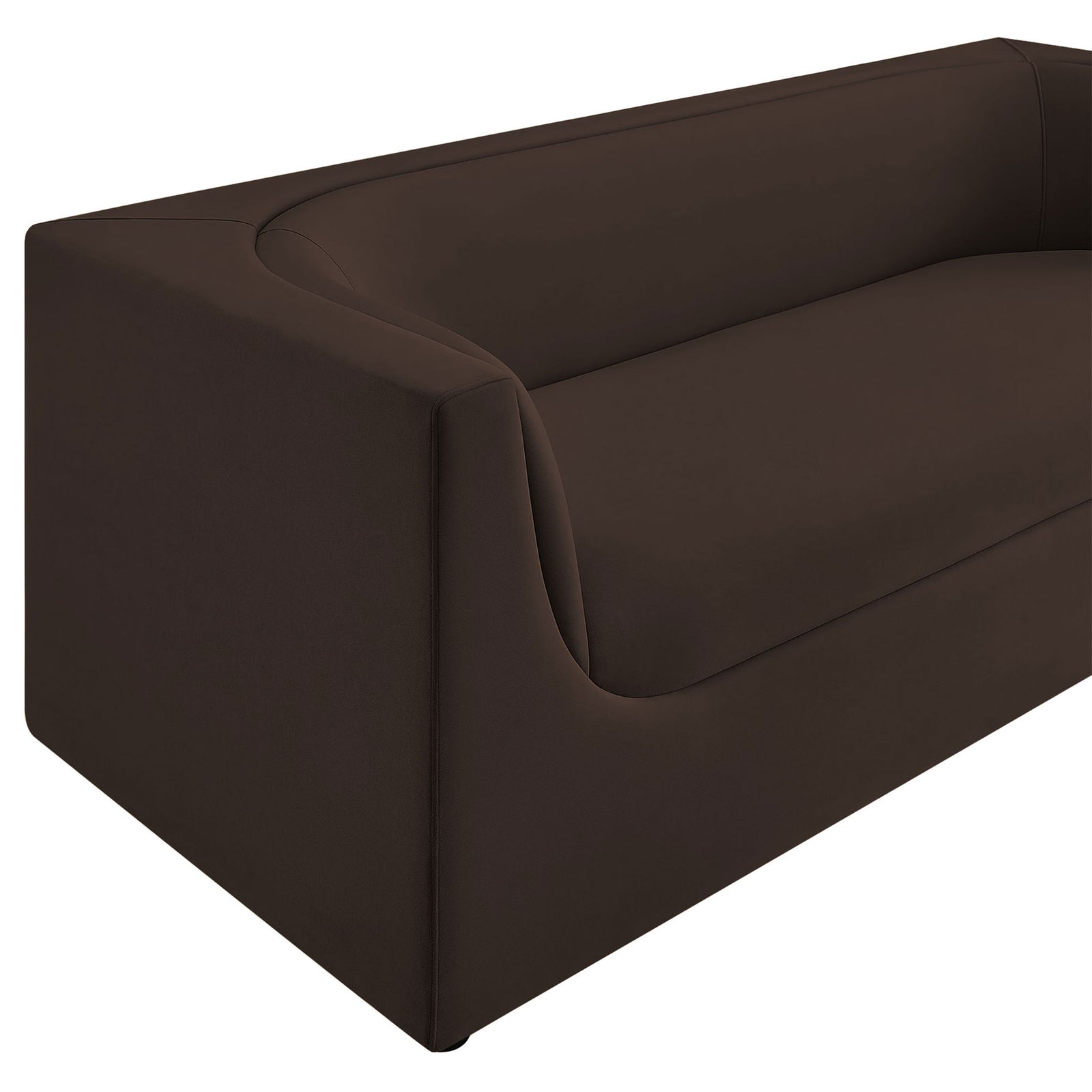Sculpted arm design and neatly tailored seams highlight the modern craftsmanship of this velvet sofa. || EEI-7564-CHB || detail_studio