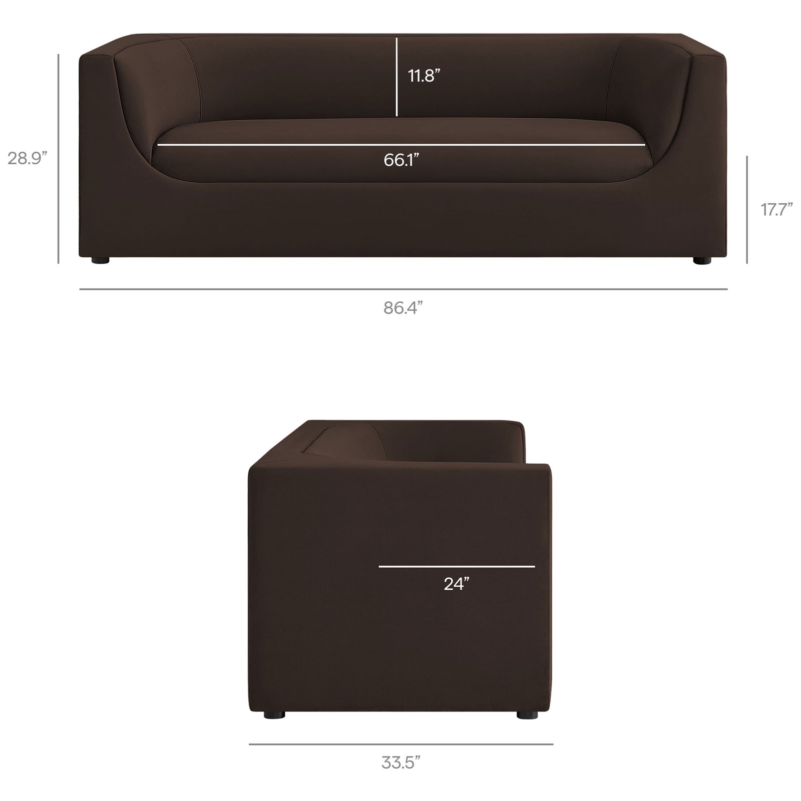 Dimension guide for the Hilda 86 inch chocolate brown velvet sofa with key seat and overall measurements. || EEI-7564-CHB || dimension_studio