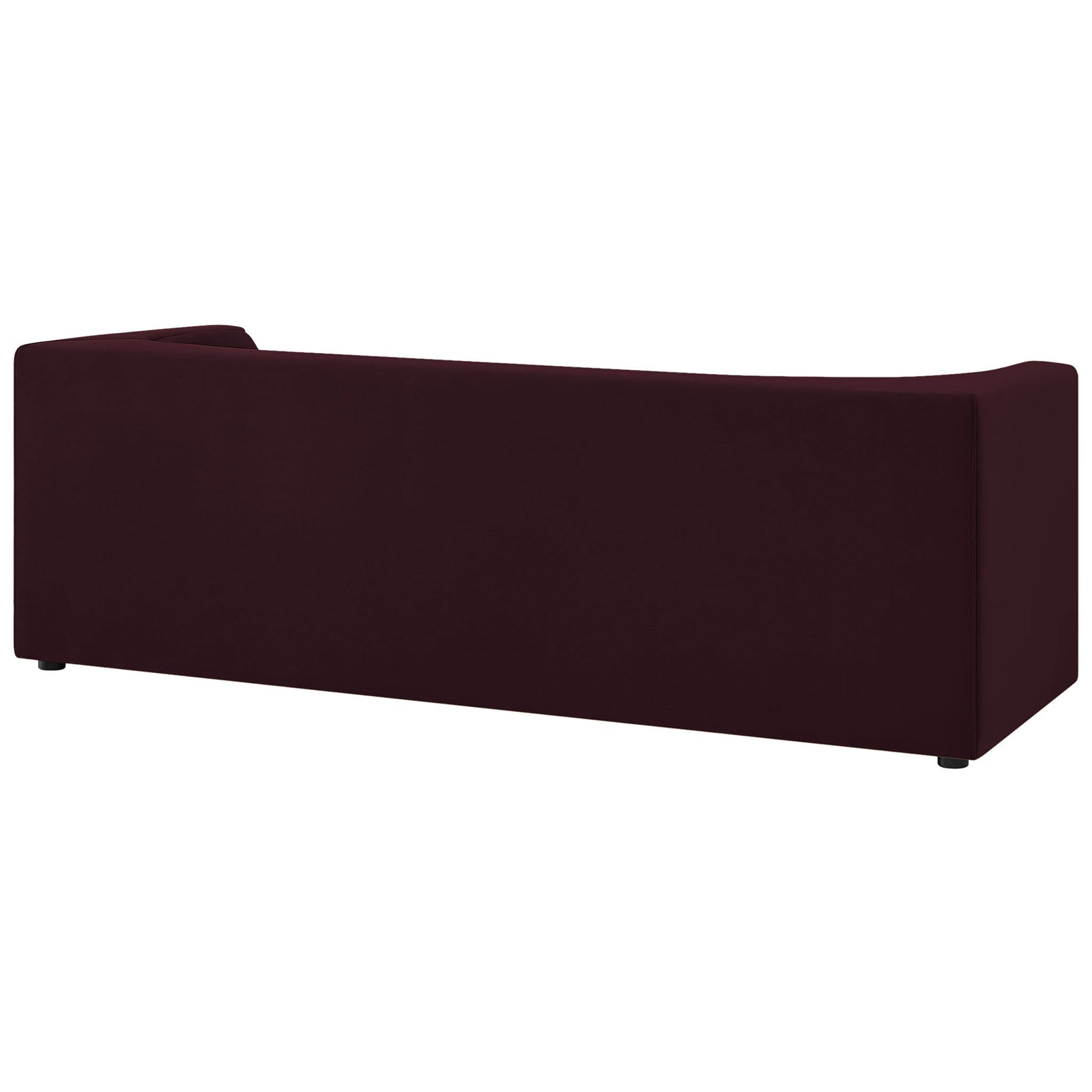 Mulberry velvet sofa showcasing the smooth, tailored back and rounded corner detail || EEI-7564-MUL || back_angle_studio