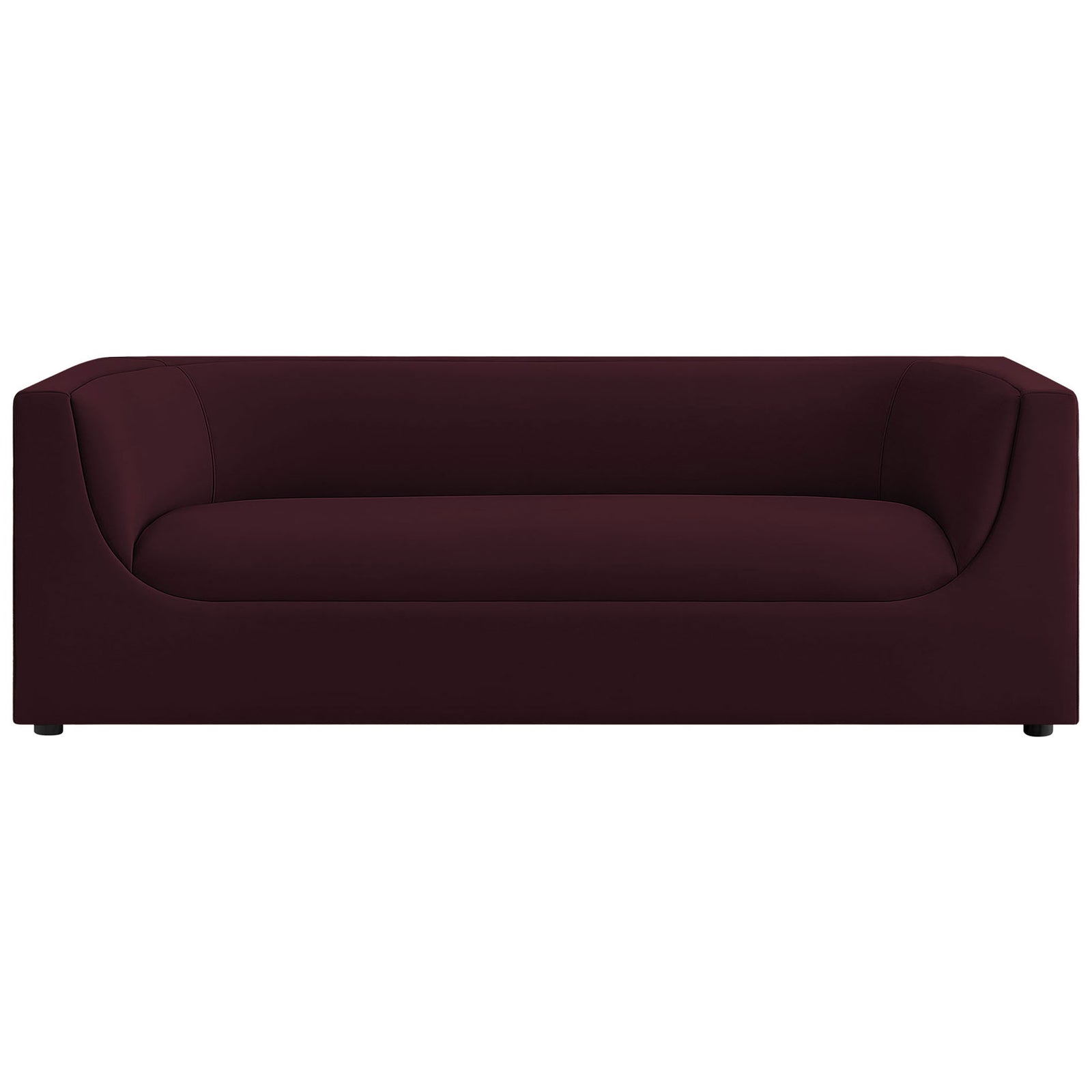Sculptural mulberry velvet sofa with continuous curved back and deep, cushioned seat || EEI-7564-MUL || front_studio