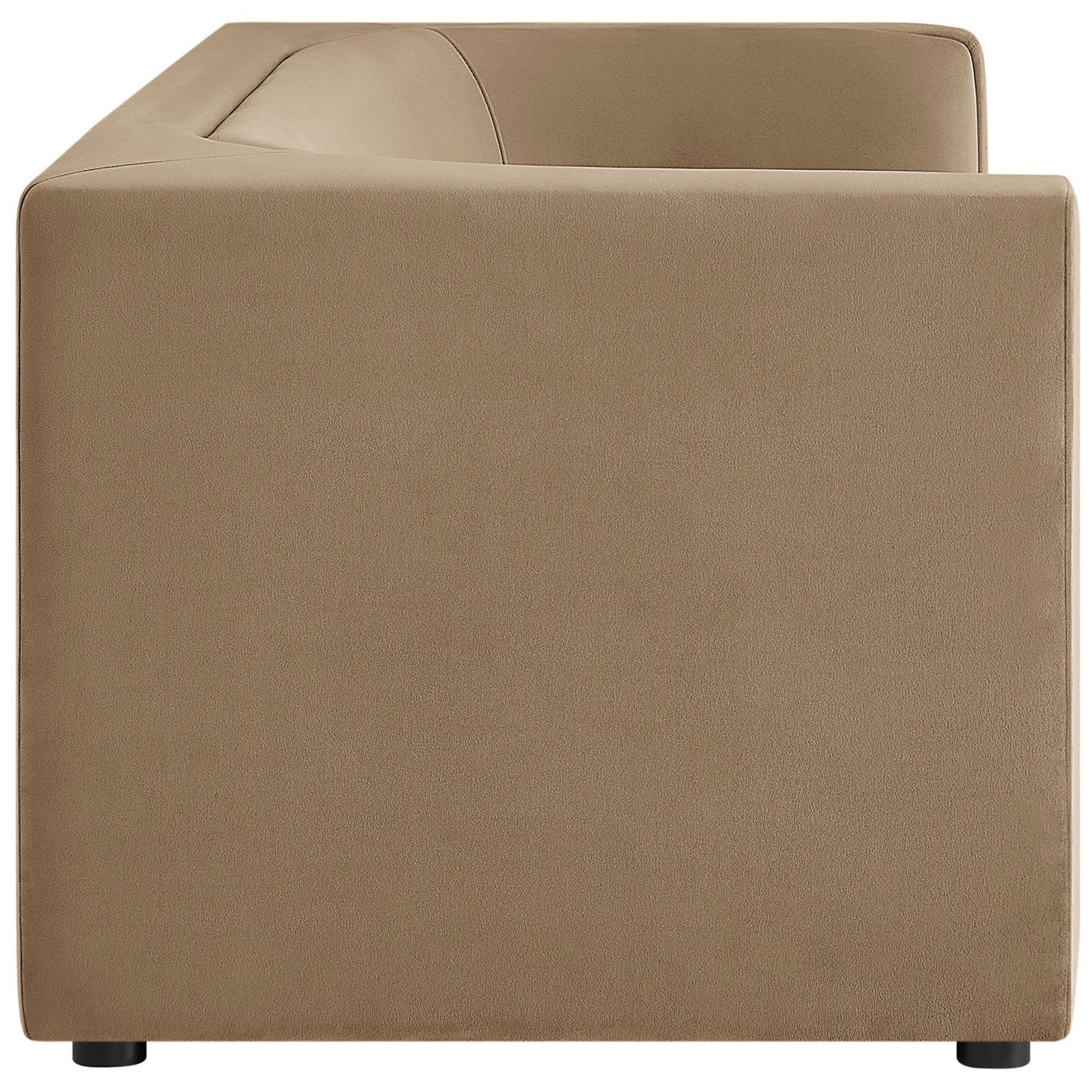 Streamlined boxy sofa profile in taupe performance velvet with smooth sides and subtle low feet || EEI-7564-TAU || side_studio