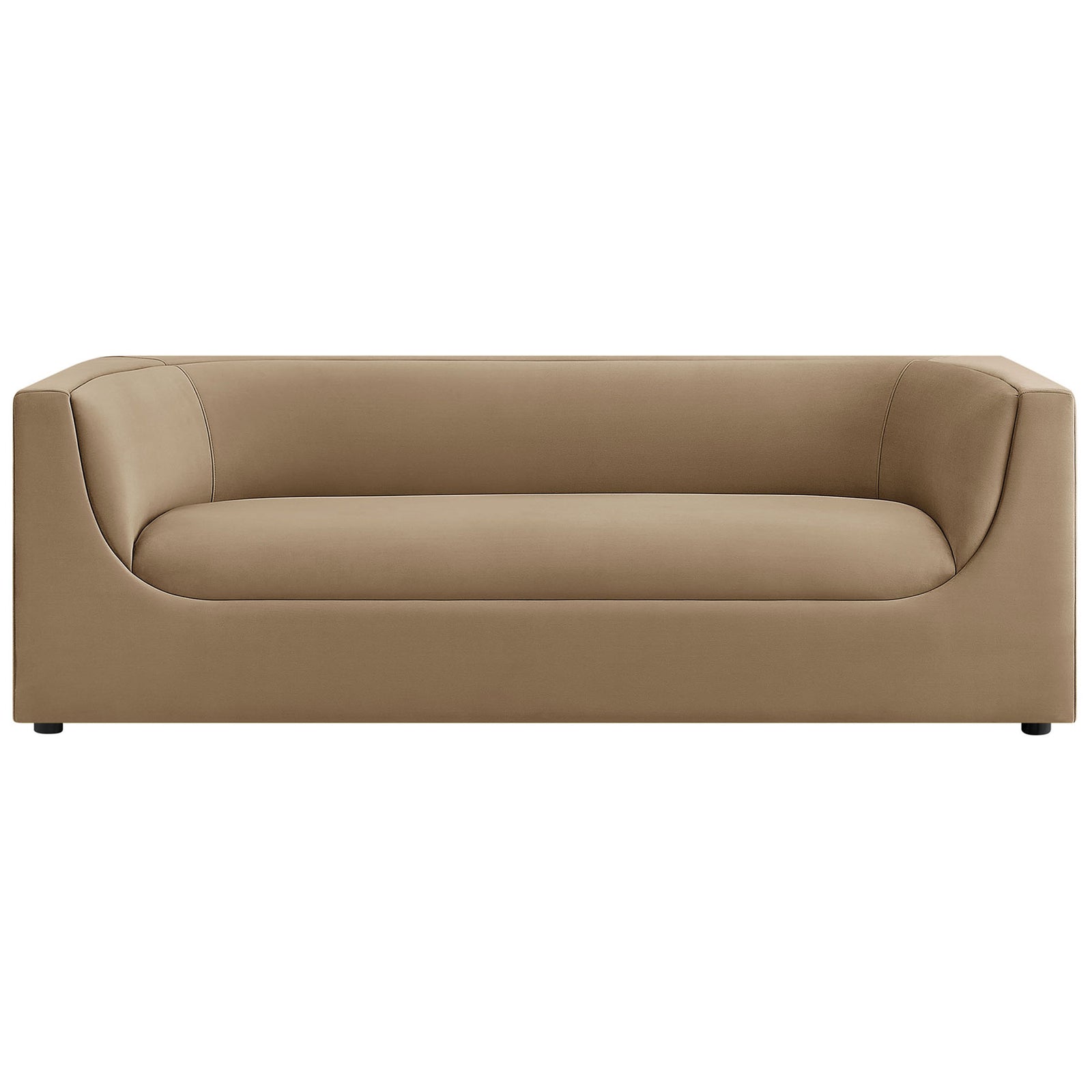Taupe performance velvet sofa with continuous bench seat and sculpted curved back for modern living rooms || EEI-7564-TAU || front_studio