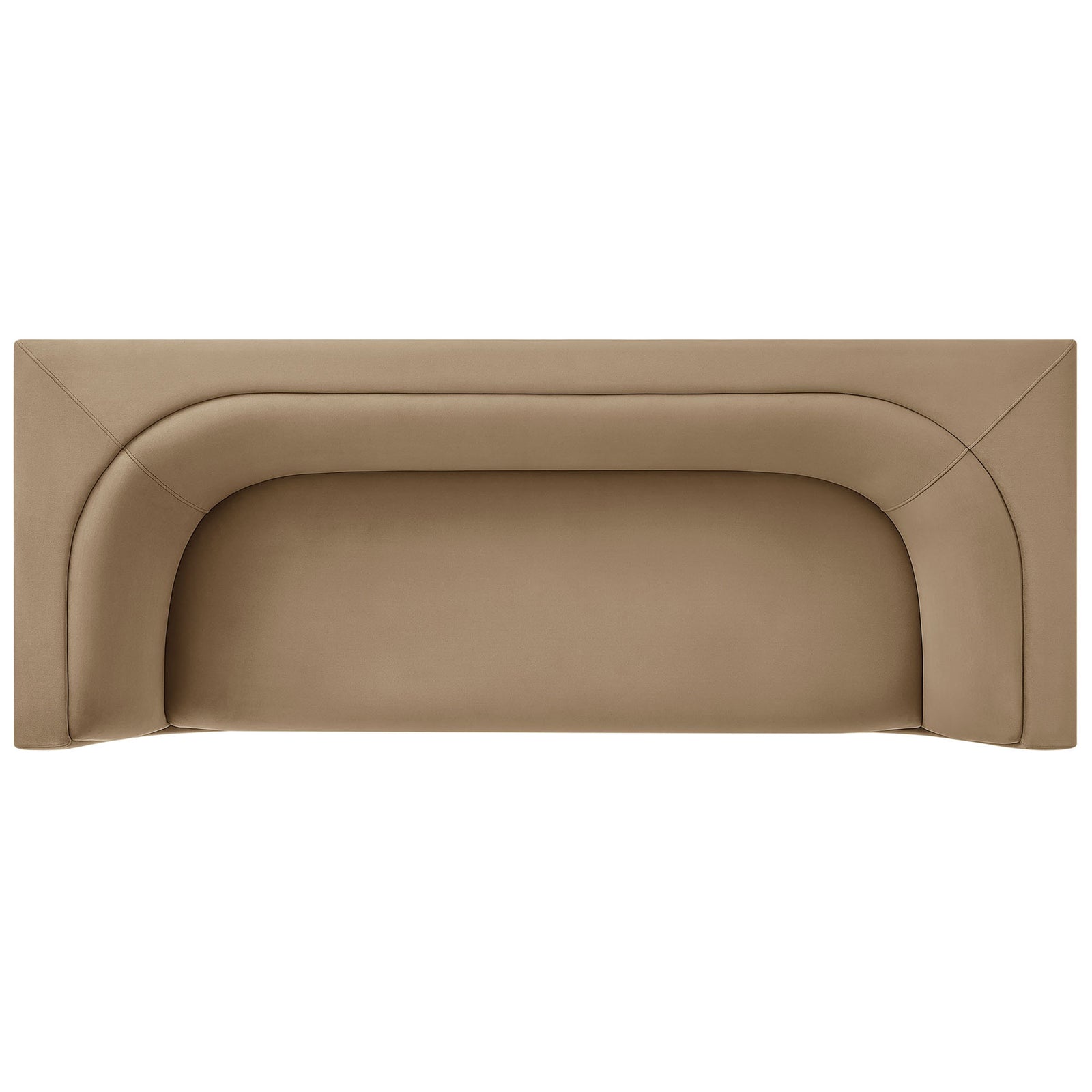 Curved wraparound sofa design in taupe velvet highlighting the generous bench seat and cozy lounge feel || EEI-7564-TAU || top_studio