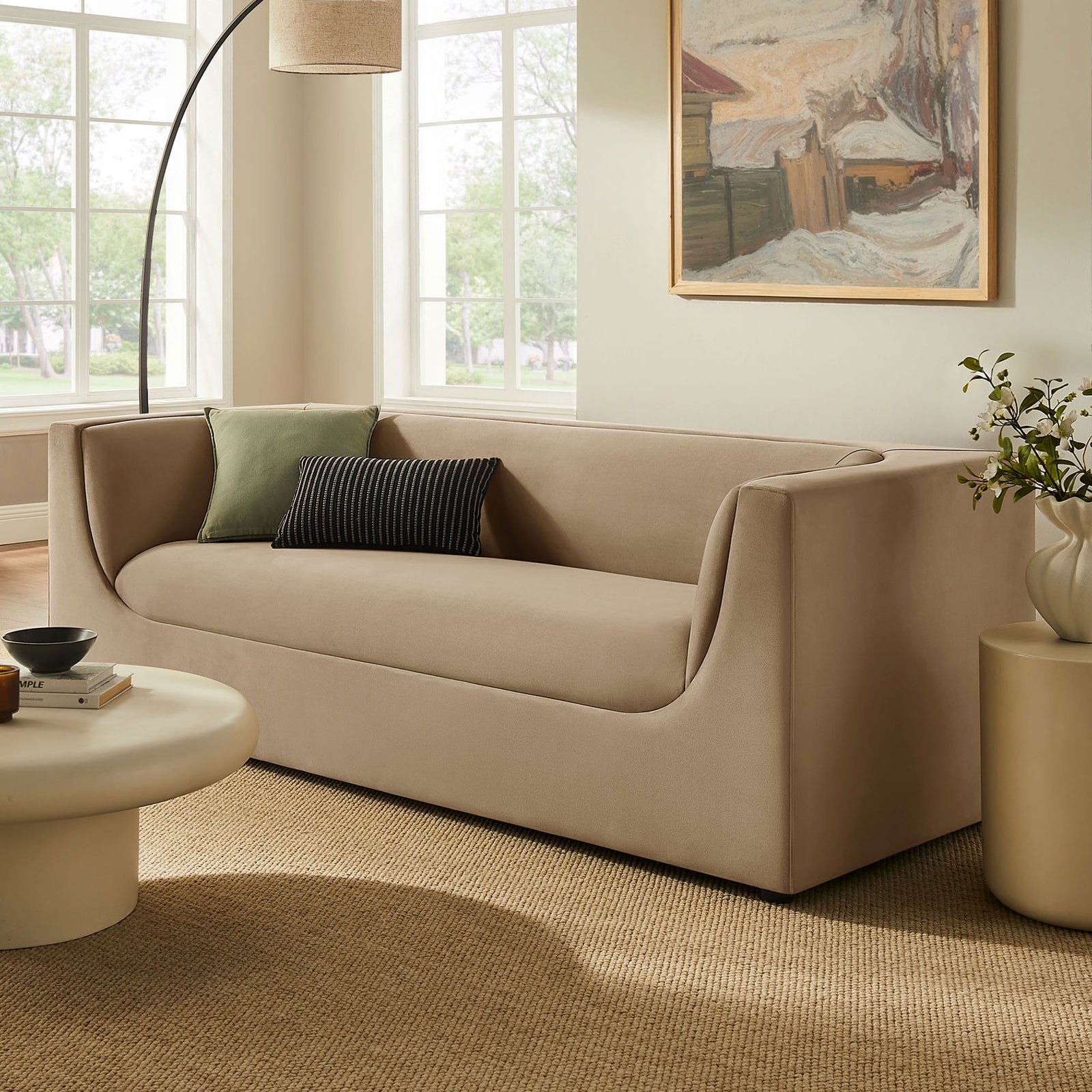 Hilda taupe performance velvet sofa anchoring a bright modern living room with clean lines and plush comfort || EEI-7564-TAU || front_angle_room