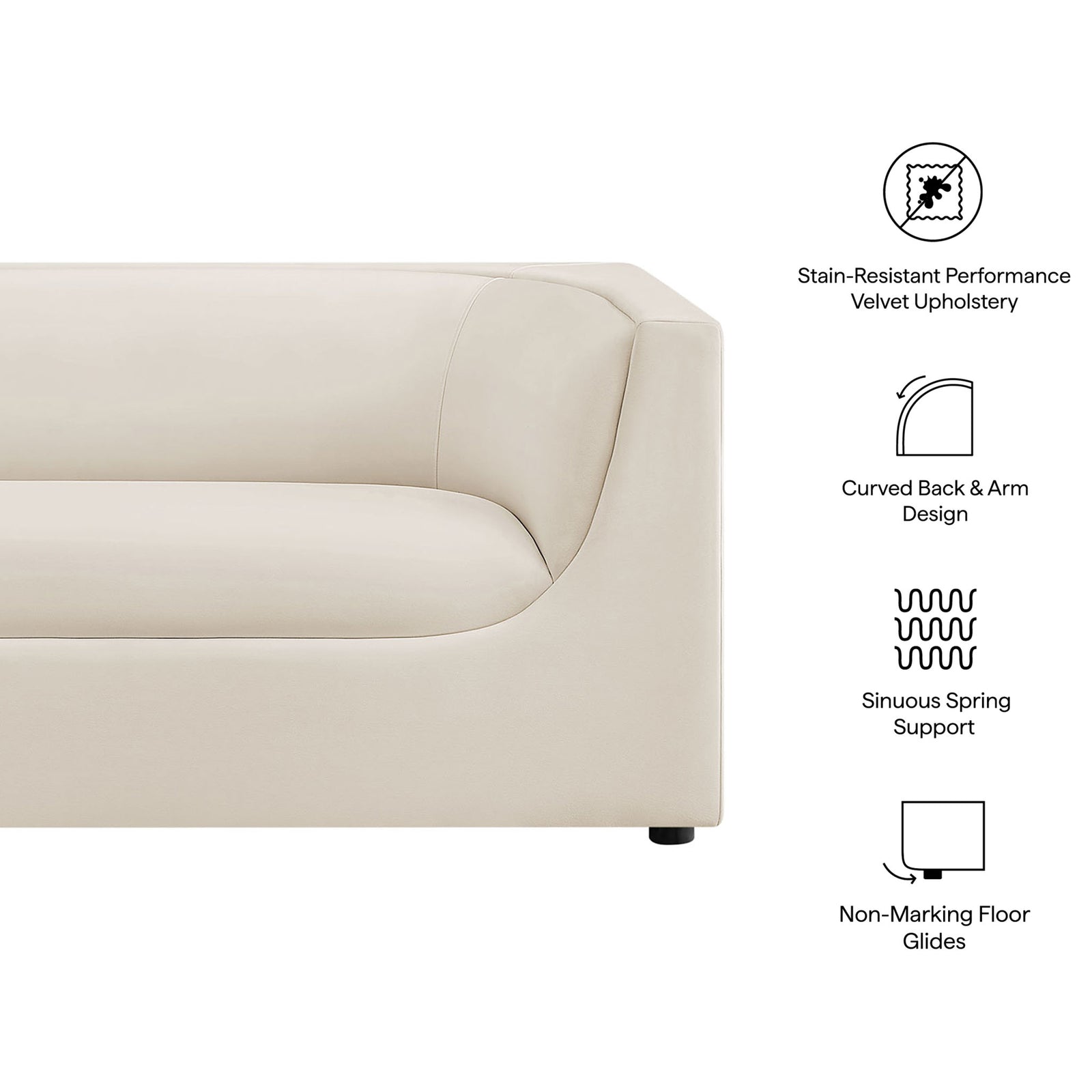 Feature graphic for the Hilda loveseat highlighting stain resistant velvet, curved arms, and spring support || EEI-7565-ALA || callout_studio