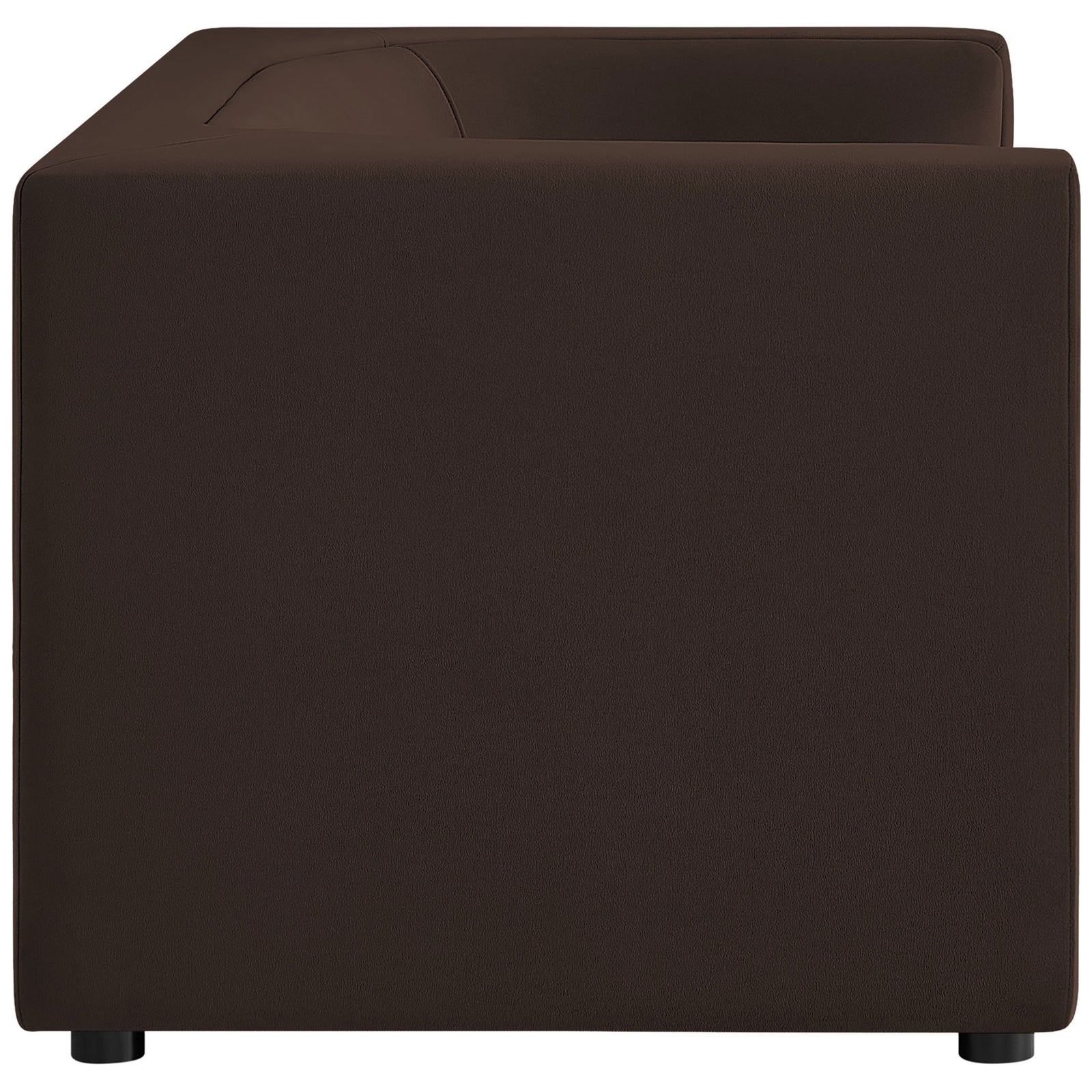 Streamlined boxy loveseat silhouette in rich chocolate brown velvet on low black feet || EEI-7565-CHB || side_studio