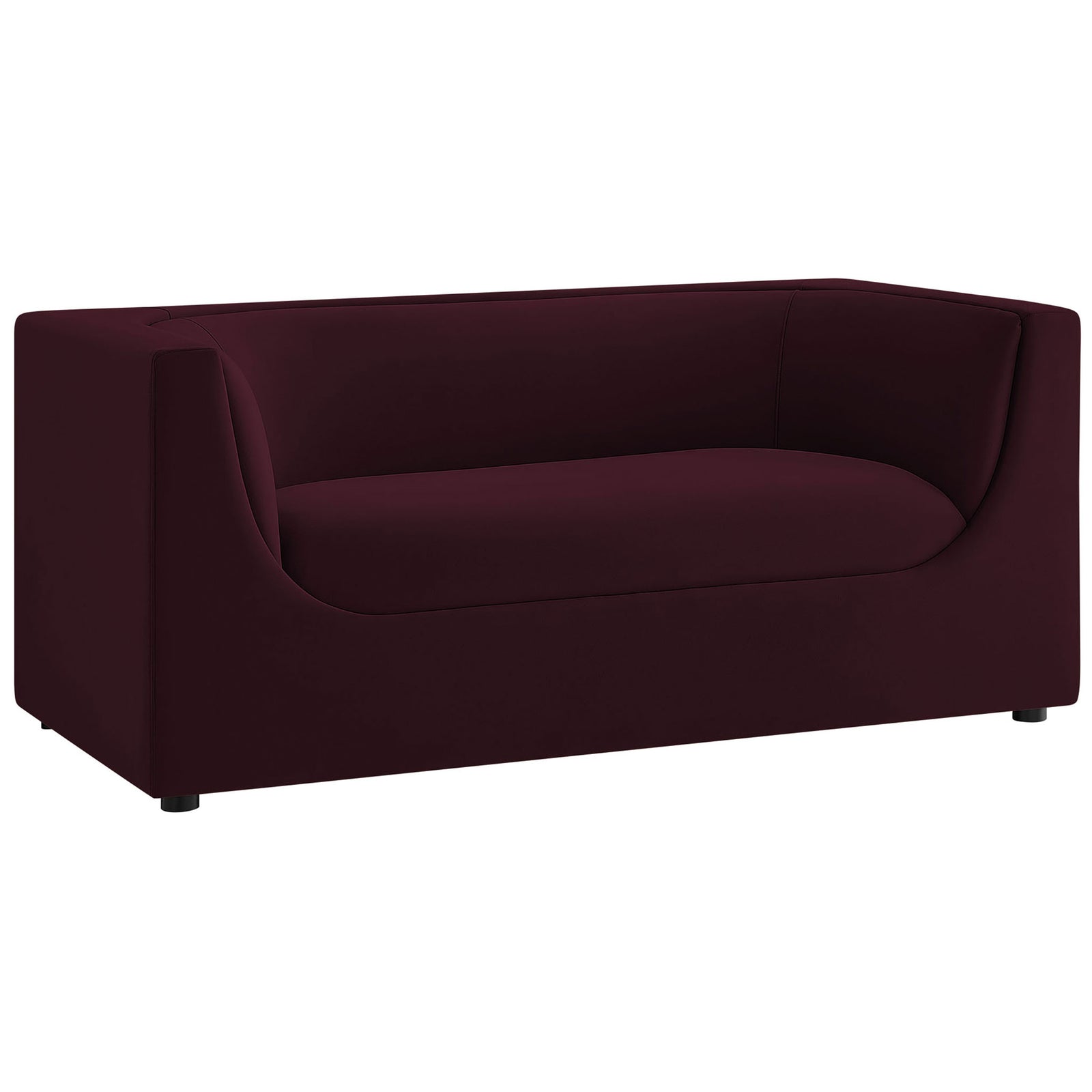 Curved back mulberry velvet loveseat with sculpted arms and a clean, boxy silhouette || EEI-7565-MUL || front_angle_studio