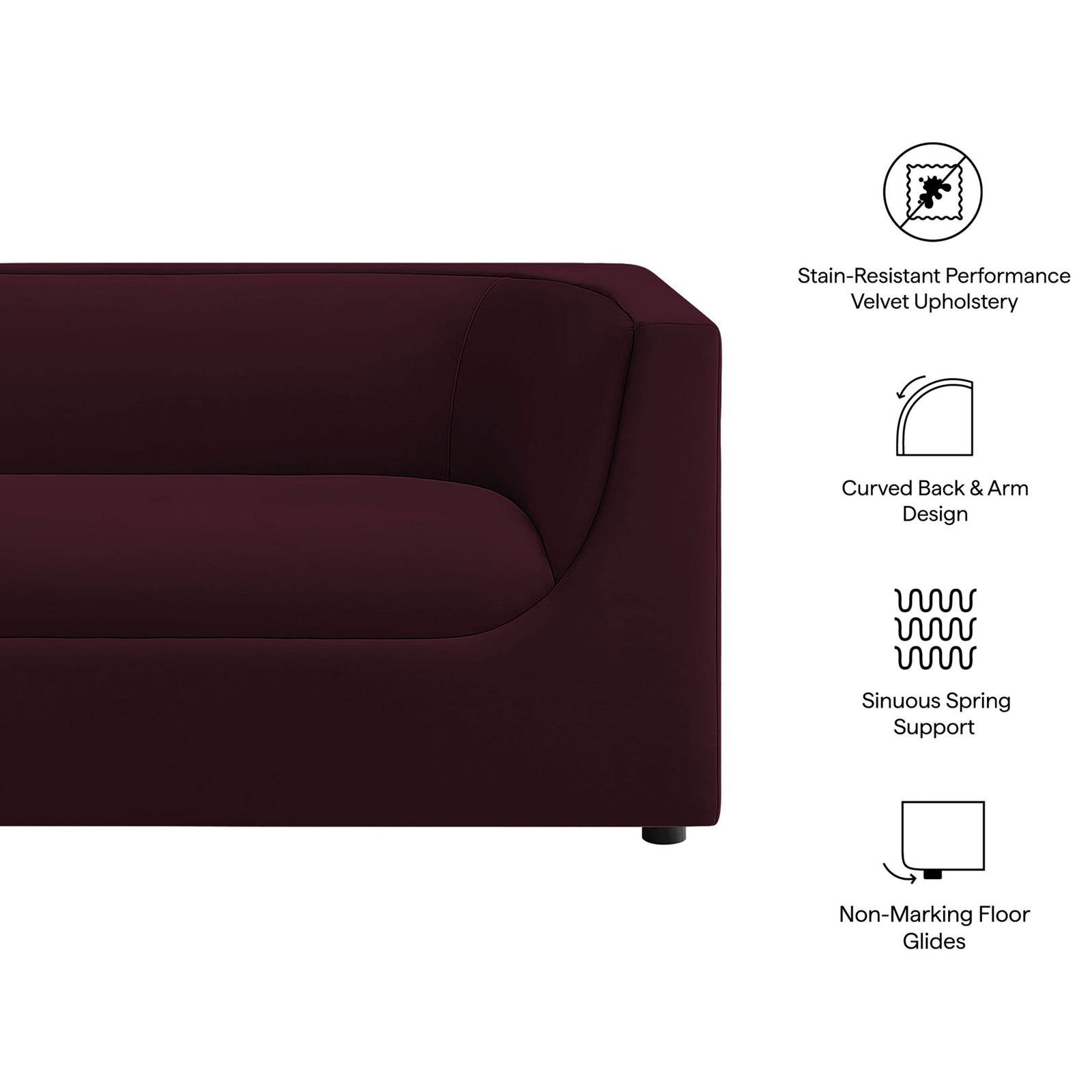 Mulberry velvet loveseat featuring stain resistant performance fabric, curved back, spring support, and non marking glides || EEI-7565-MUL || callout_studio