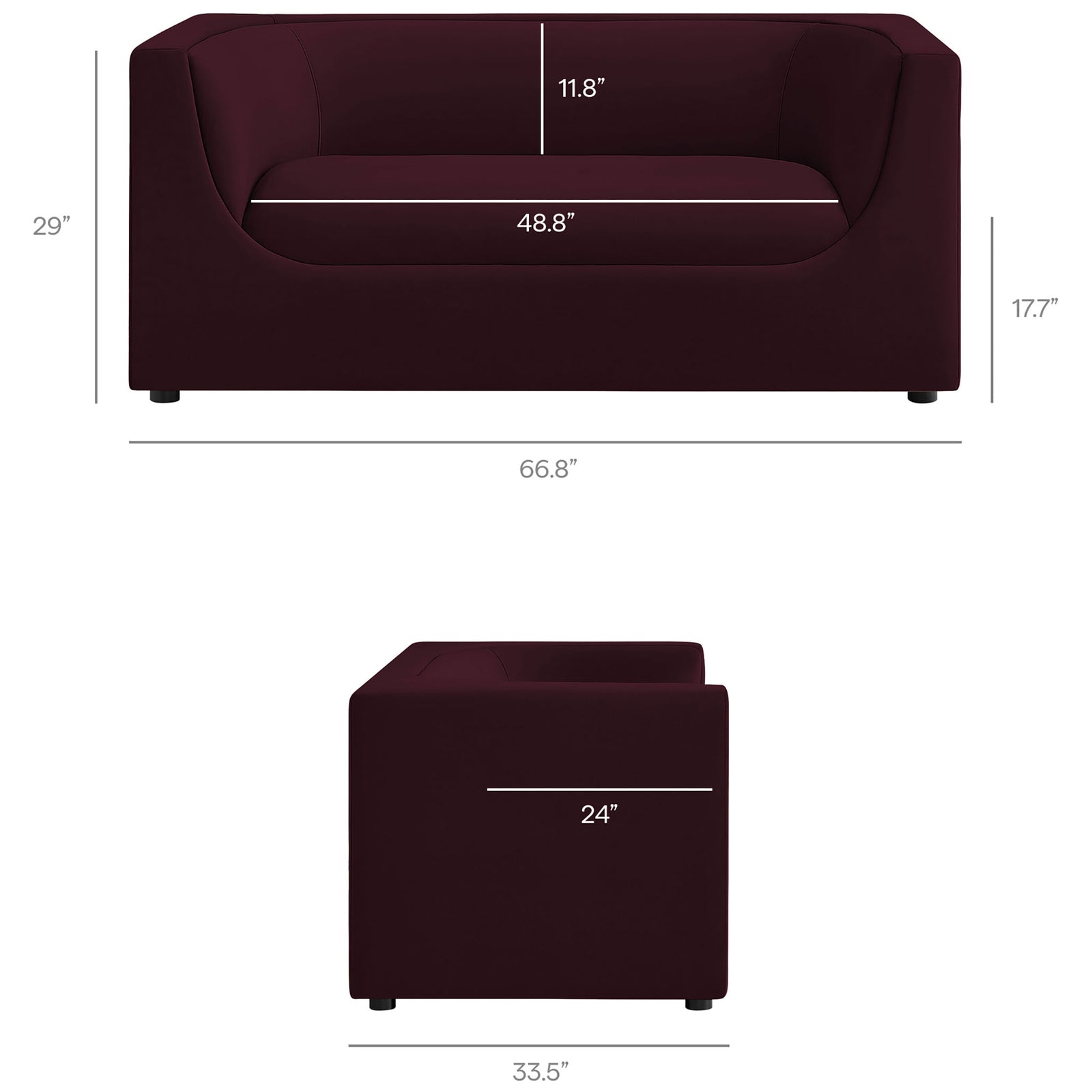 Dimensions of the mulberry velvet loveseat showing overall width, depth, seat height, and back height || EEI-7565-MUL || dimension_studio
