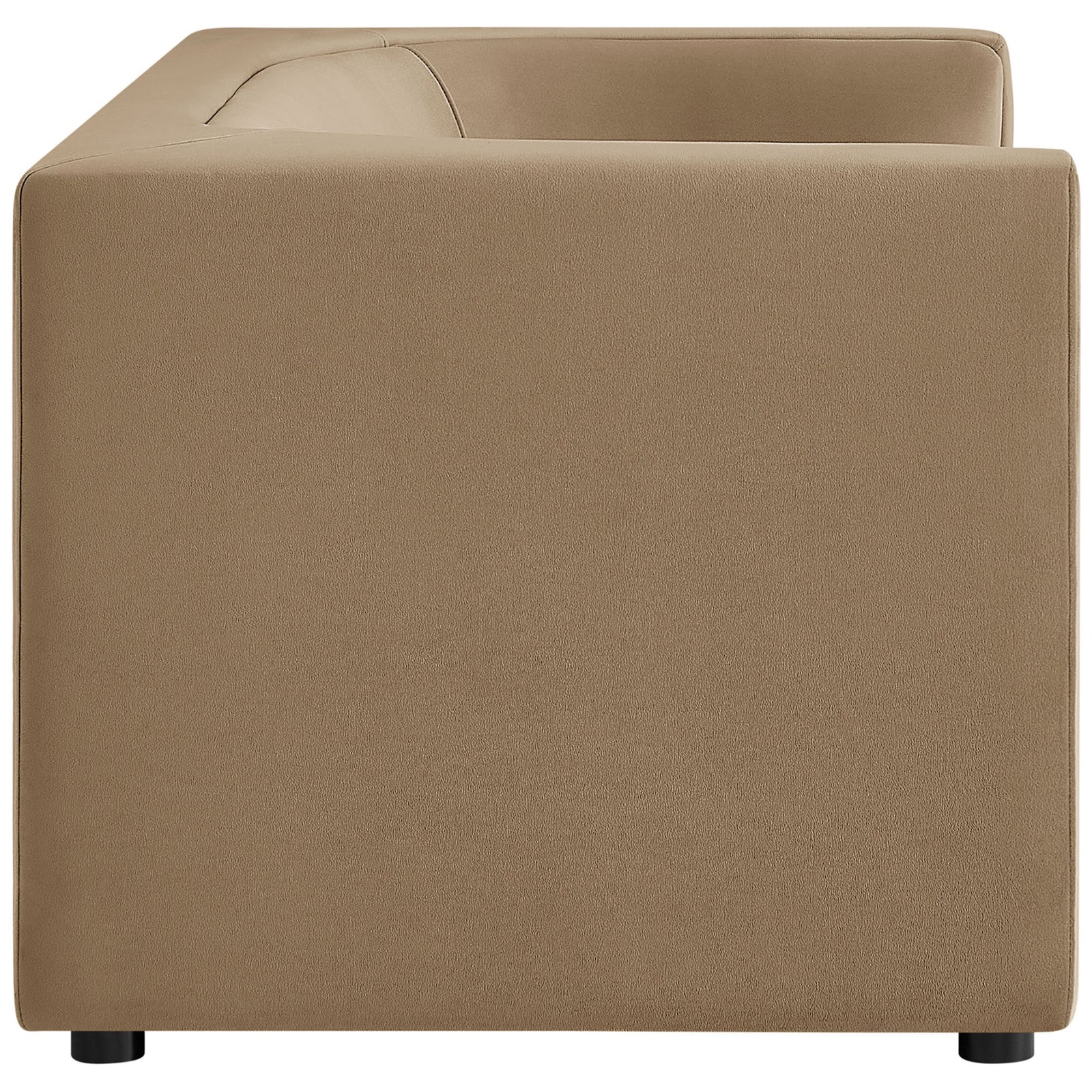Boxy taupe velvet loveseat highlighting the thick track arm and smooth tailored side panel || EEI-7565-TAU || side_studio