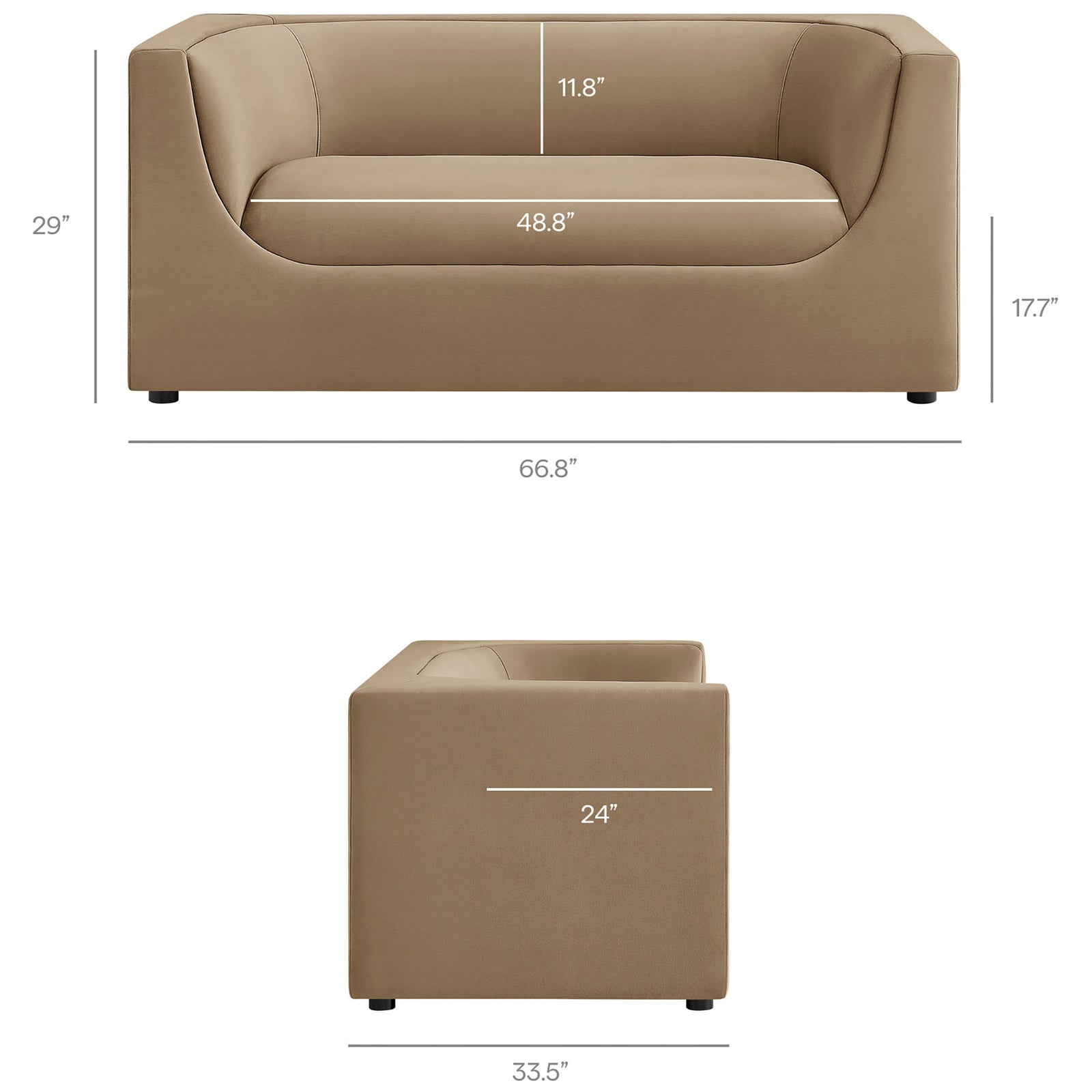 Dimension diagram of taupe curved-back loveseat with width, height, and seat measurements labeled || EEI-7565-TAU || dimension_studio