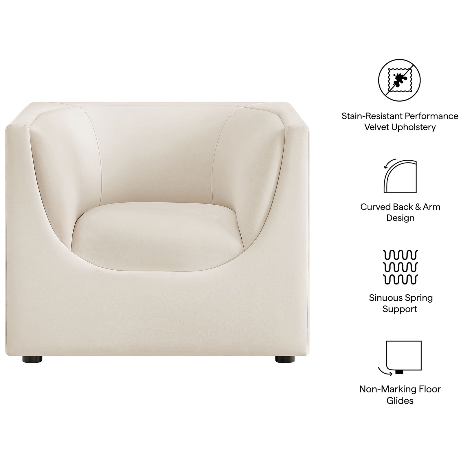 Stain-resistant performance velvet, curved back design, and sinuous spring support for lasting comfort || EEI-7566-ALA || callout_studio