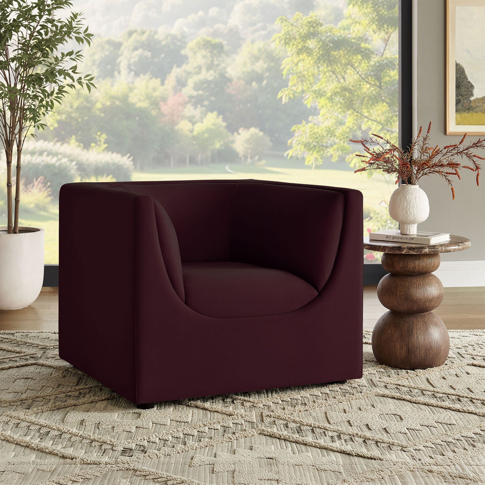 Modern mulberry velvet armchair adds sculptural comfort to the living room || EEI-7566-MUL || front_room