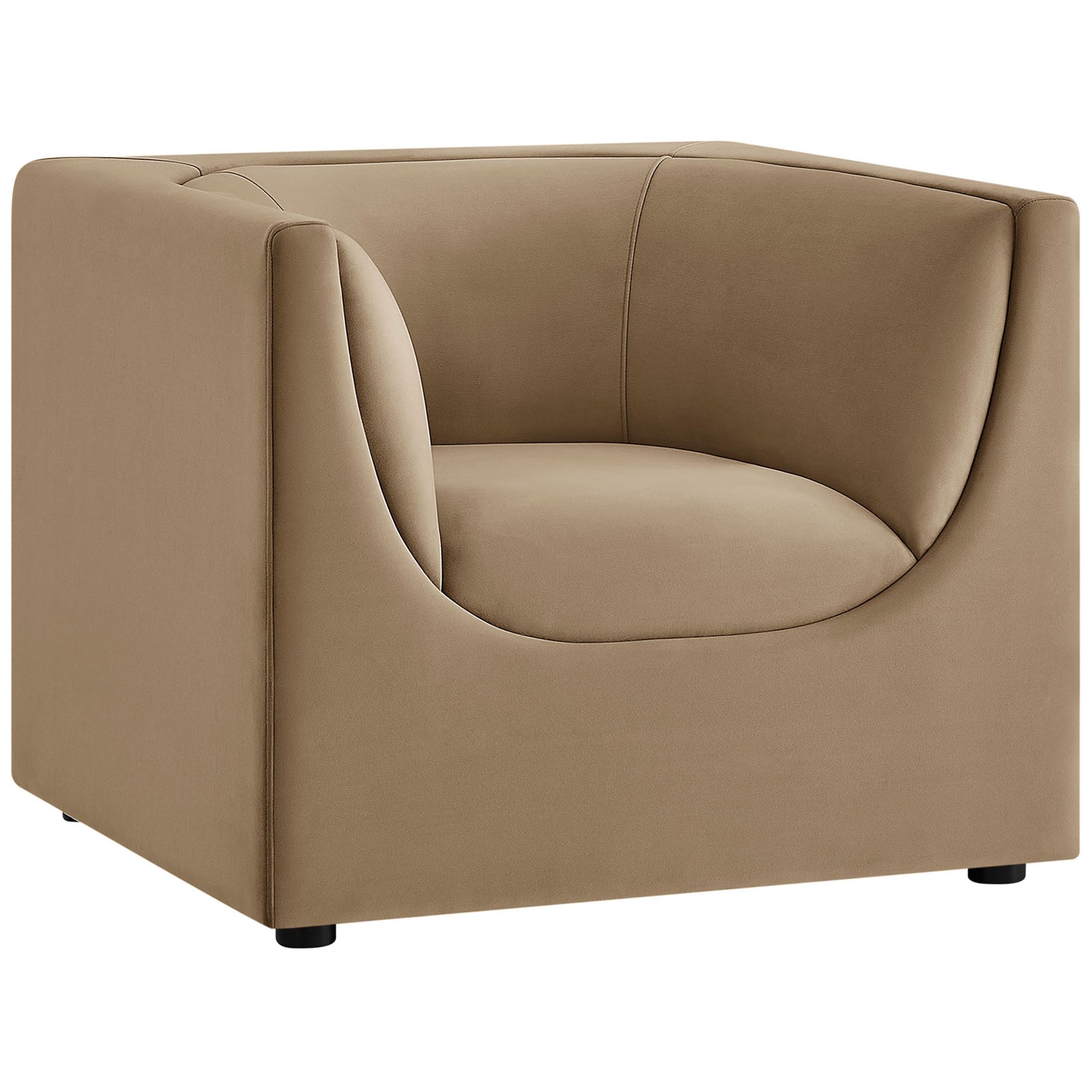 Modern cube-armchair silhouette with curved cutaway arms and soft, stain-resistant velvet. || EEI-7566-TAU || front_angle_studio