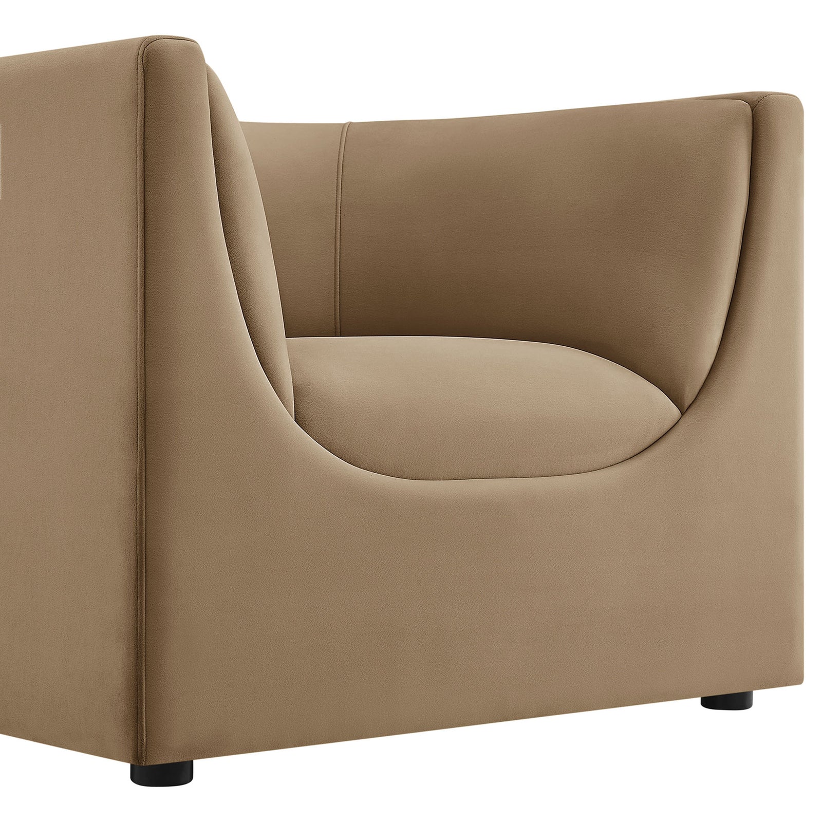 Smooth performance velvet and graceful curves create a sculptural, inviting seat. || EEI-7566-TAU || detail_studio