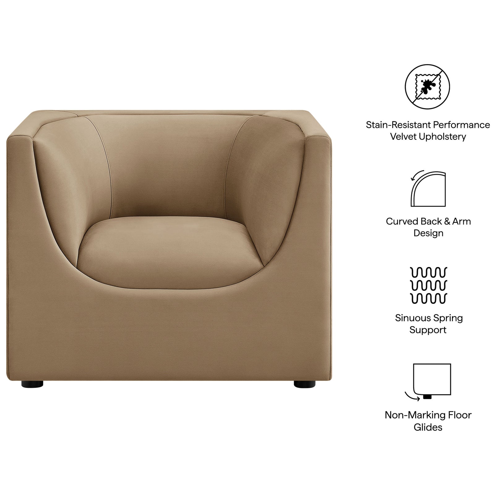 Performance velvet upholstery, curved back design, and non-marking glides for everyday ease. || EEI-7566-TAU || callout_studio