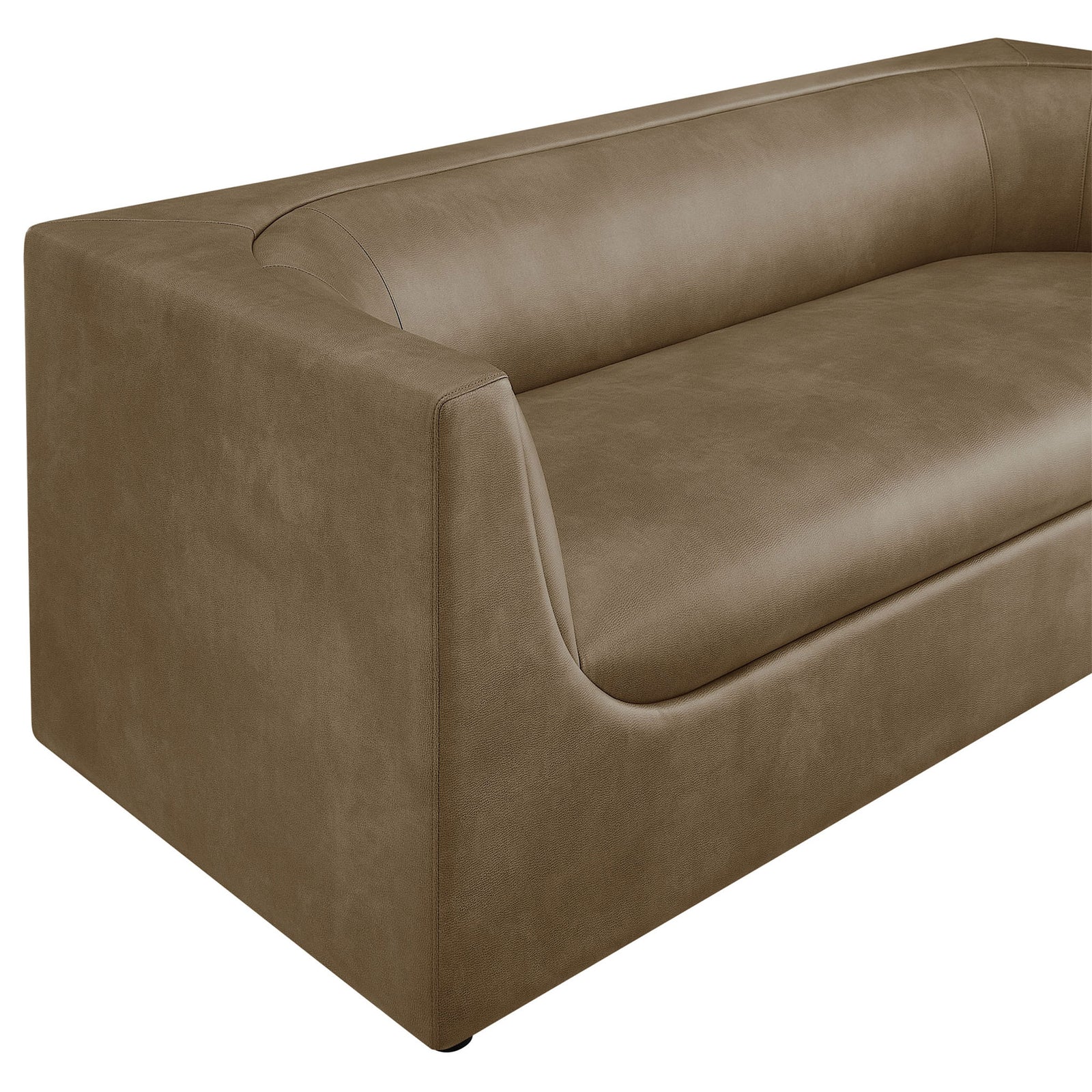 Arm and seat of the sofa, featuring smooth mushroom vegan leather and precise tailored seams || EEI-7567-MUS || detail_studio