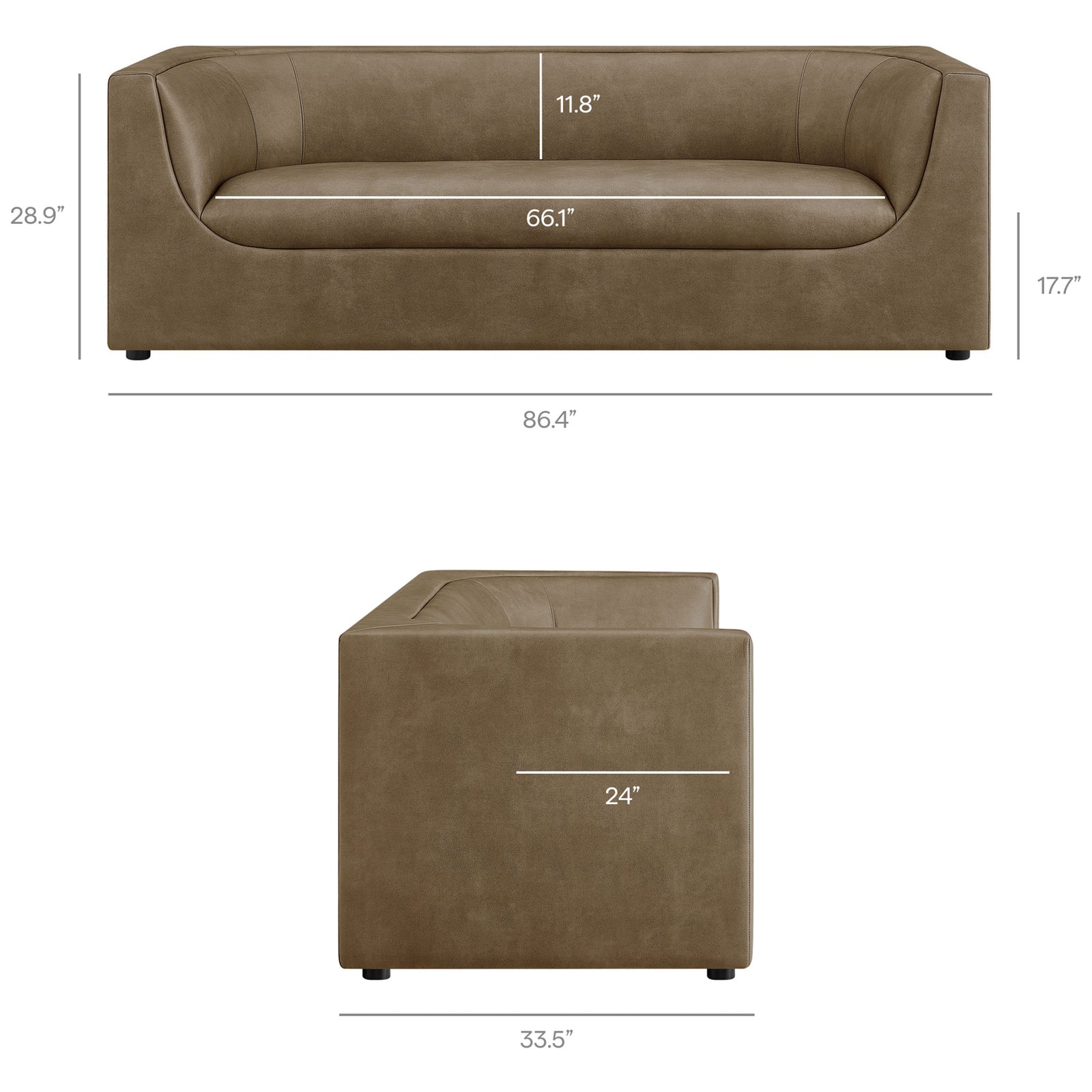 Dimensions of the mushroom vegan leather sofa with generous seating width and low, gently sloped arms || EEI-7567-MUS || dimension_studio