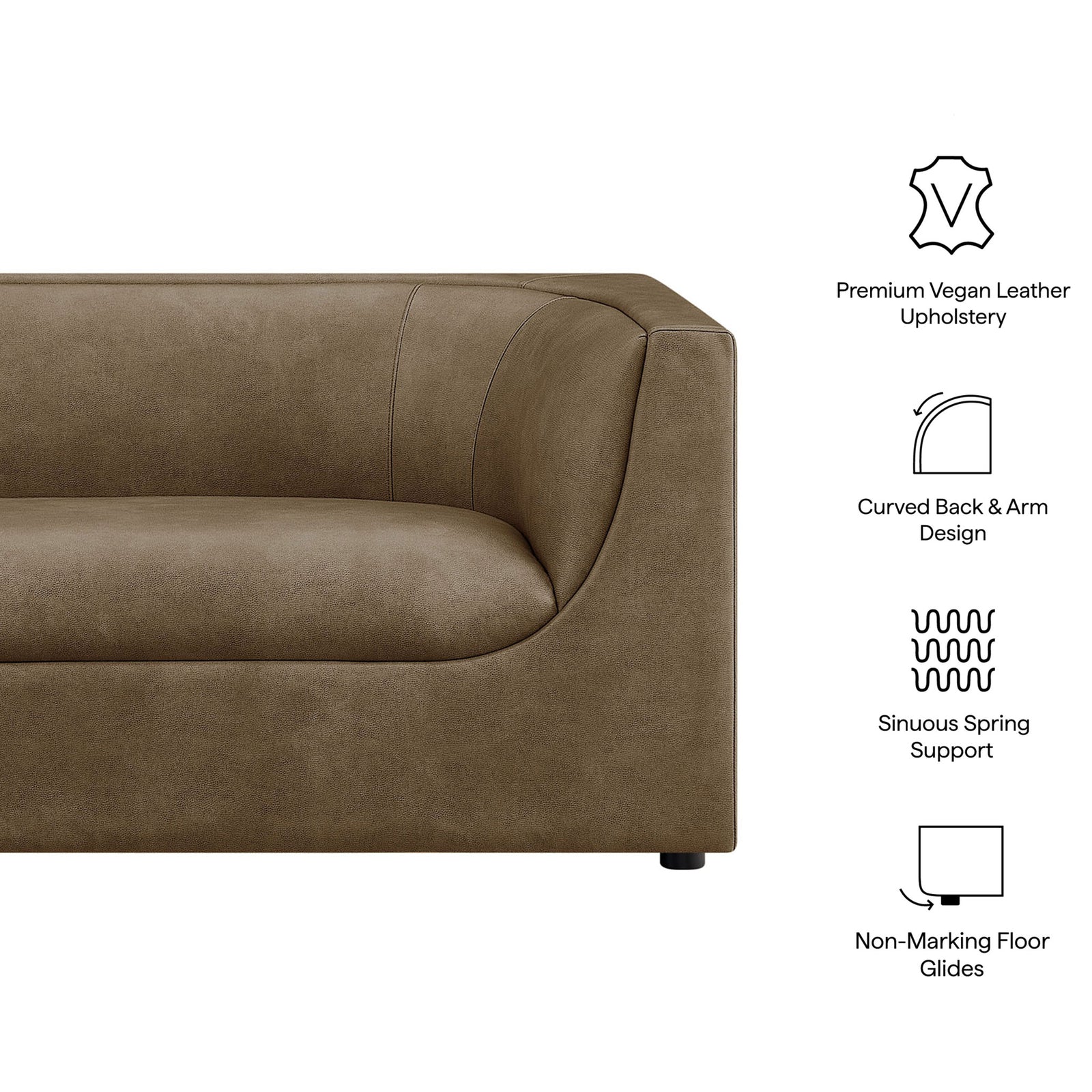 Highlights premium vegan leather, curved wraparound back, sinuous spring support, and floor-safe glides || EEI-7568-MUS || callout_studio
