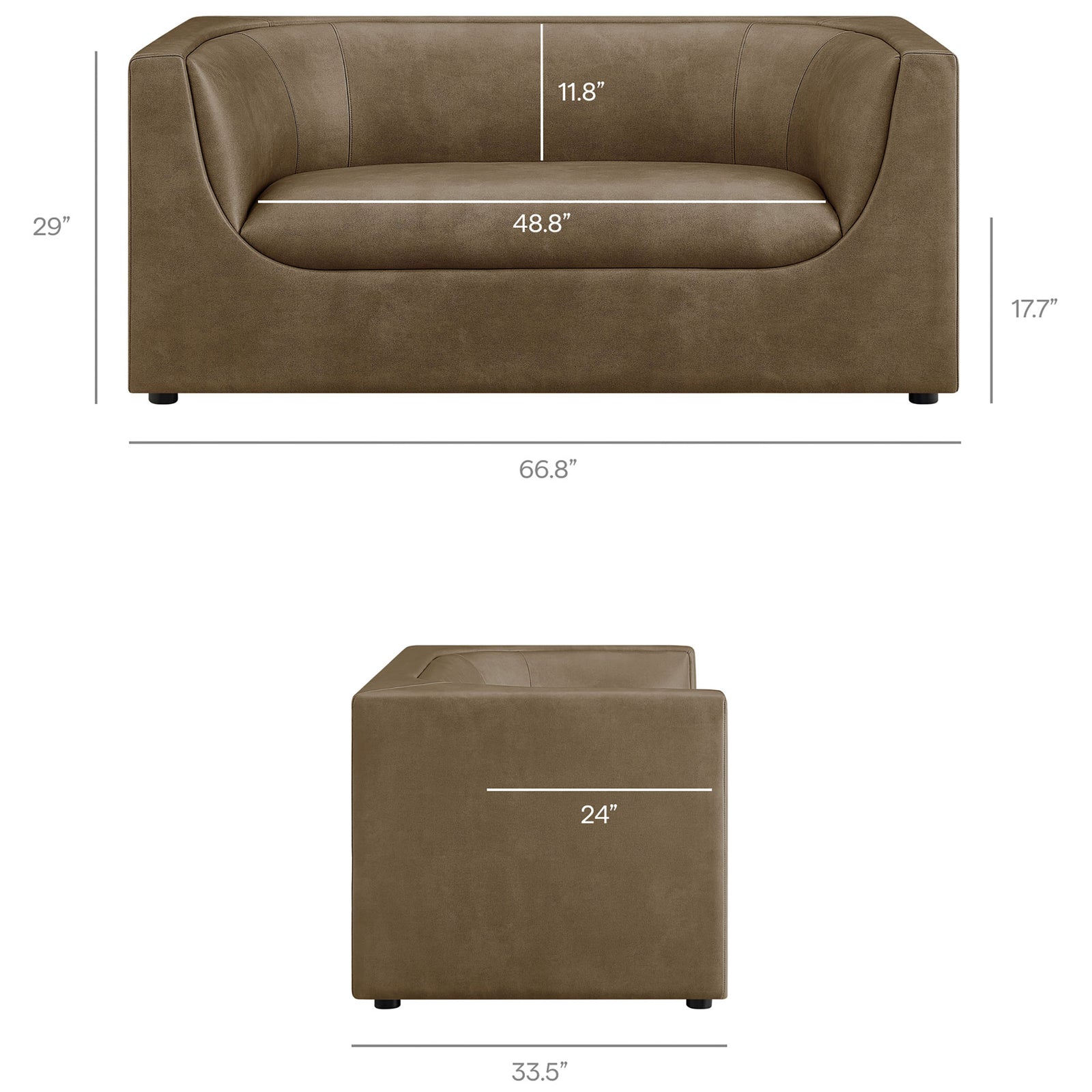 Loveseat dimensions clearly shown for width, depth, height, and seat height in a compact 67 inch frame || EEI-7568-MUS || dimension_studio