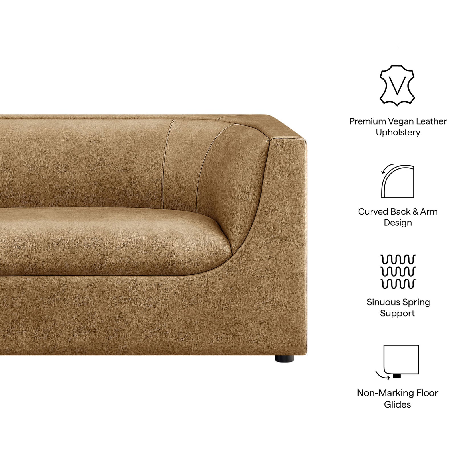 Feature highlights of toast vegan leather loveseat with curved arms, spring support, and floor glides. || EEI-7568-TST || callout_studio