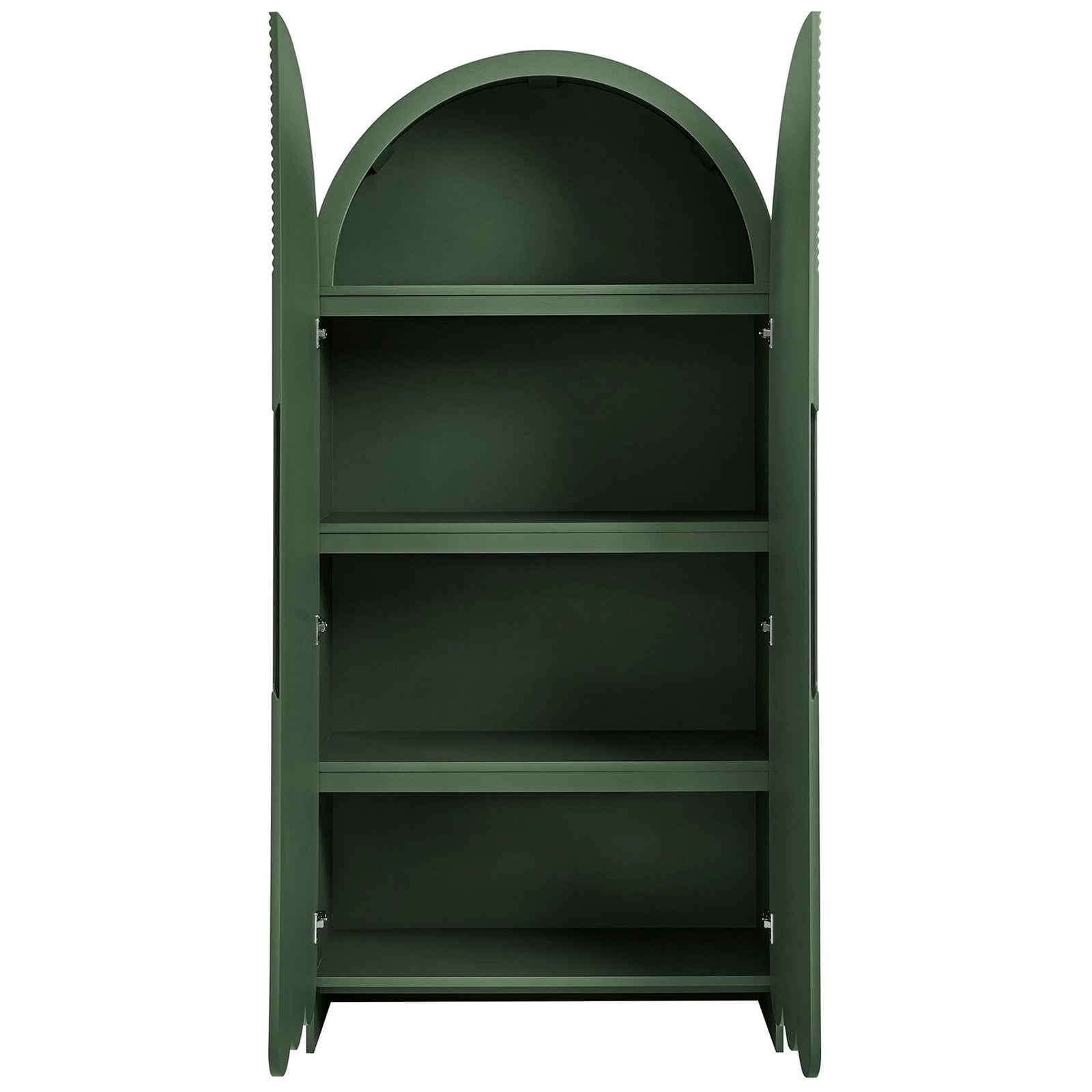 Hunter green Dahlia cabinet with doors open to reveal four spacious fixed interior shelves || EEI-7570-HGR || front_open_studio