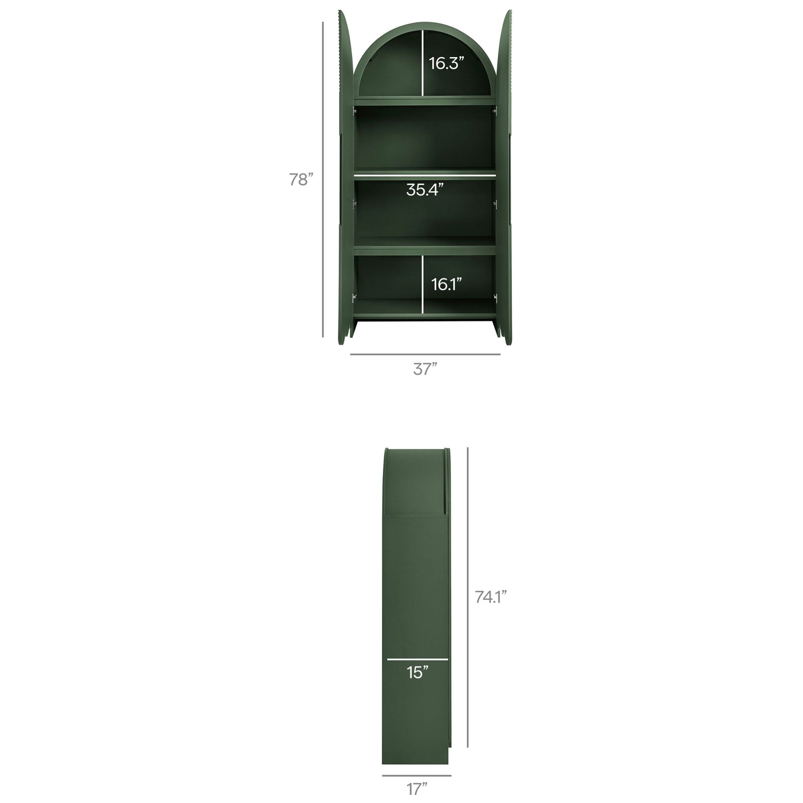Dahlia hunter green cabinet dimension diagram showing overall height, width, depth, and shelf spacing || EEI-7570-HGR || dimension_studio