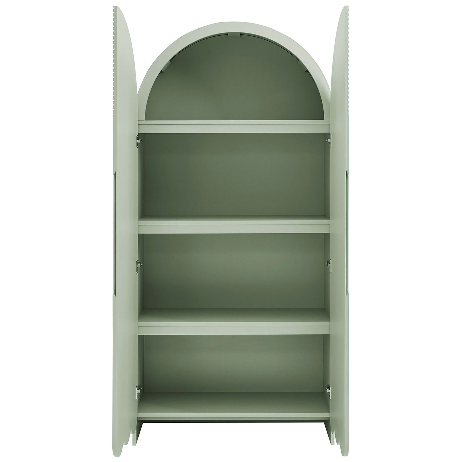 Sage green Dahlia cabinet with doors open to four roomy fixed shelves for versatile storage || EEI-7570-SGE || front_open_studio