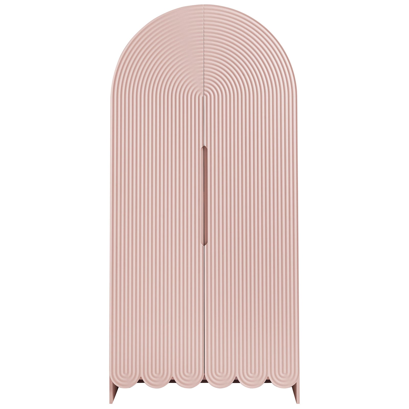 Soft pink fluted arched storage cabinet with slender recessed handle and scalloped base || EEI-7570-SPN || front_studio