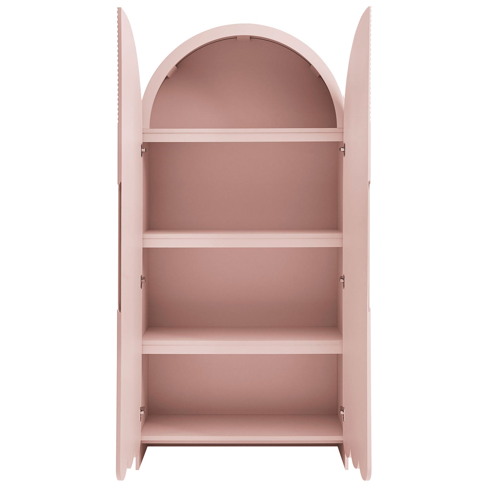 Soft pink Dahlia cabinet with doors open to reveal four generous fixed interior shelves || EEI-7570-SPN || front_open_studio